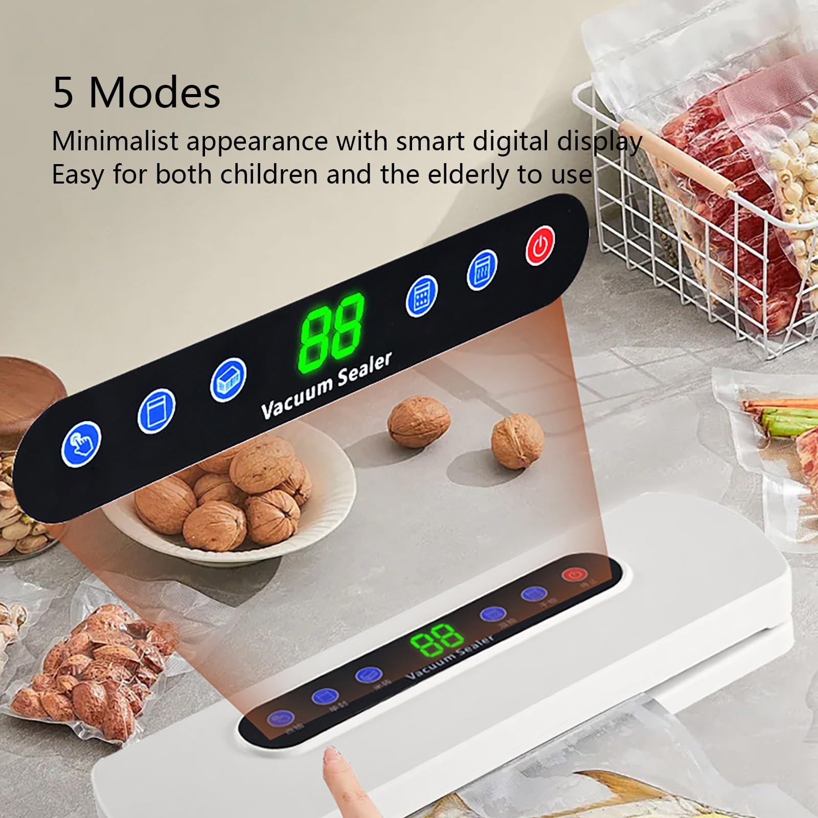 White Vacuum Sealer Machine for Food Preservation, 80kPa Powerful Suction, 5 Modes for Efficient Food Preservation, Compact Design 14.6x4.3x1.8in