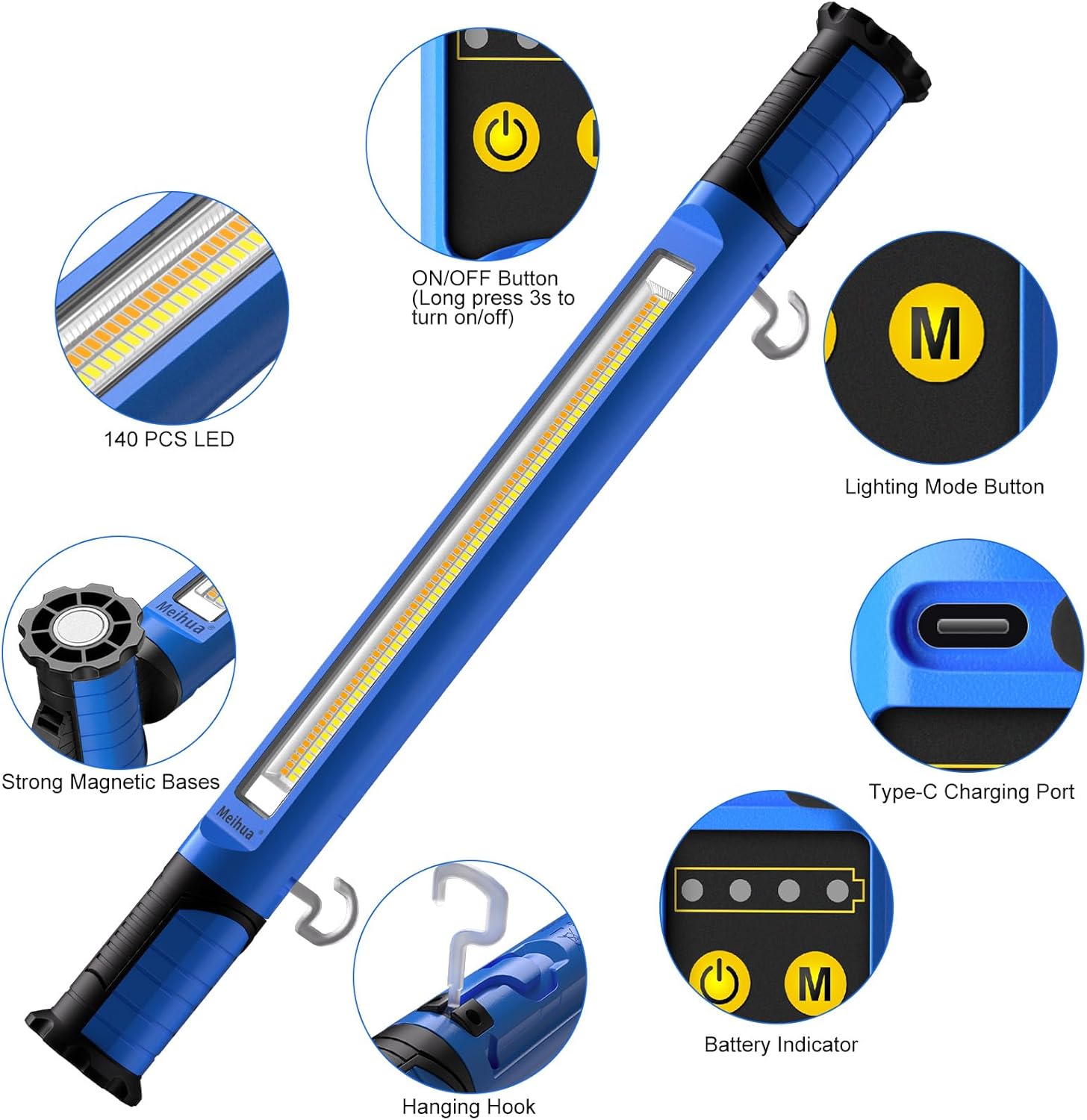 MEIHUA Work Light for Mechanic, 3000LM Bright LED Work Lights, 5000mAh Rechargeable Underhood Work Light Bar with Hooks, Magnetic Mechanic Light for Car Repairing/Inspection/Garage/Workshop/Emergency