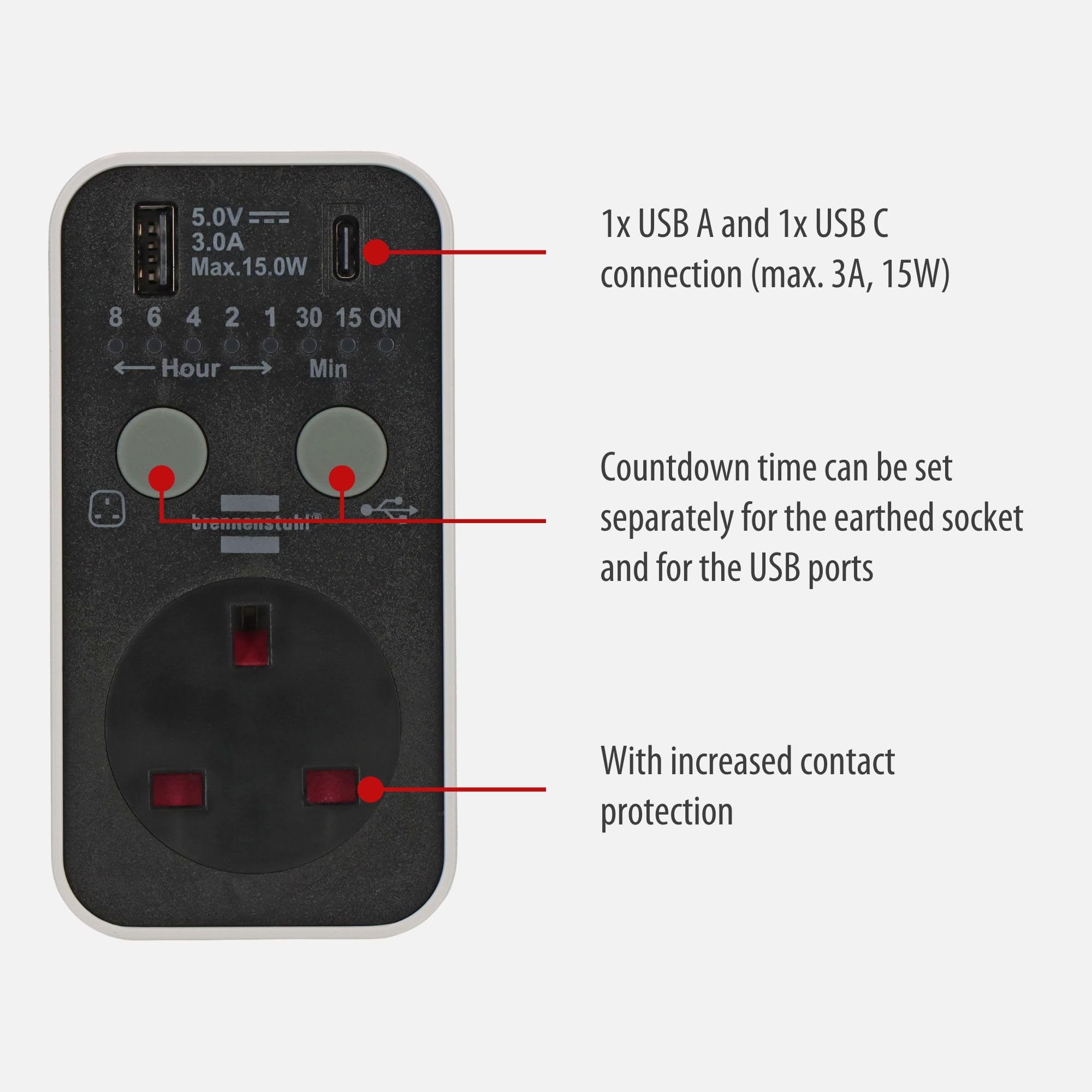 Brennenstuhl Digital Timer Plug with USB A and USB C (Countdown Timer for indoor use countdown adjustable in 7 steps - Image 2