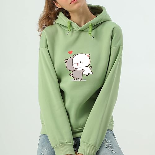 Bobeutou Cute Cartoon Cat Hoodie for Teen Girls Kawaii Graphic Oversized Aesthetic Fleece Preppy Sweatshirts Women Pullover(Greeen,Medium)
