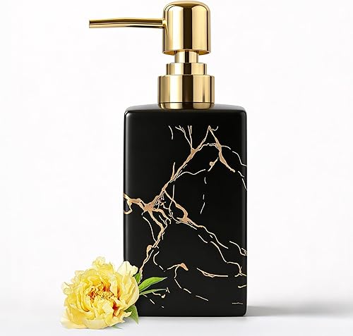 Miniatura 11 de Dispensador de jabón dorado para encimera de baño, botella dispensadora de jabón cuadrado blanco con rayas doradas para fregadero de cocina, loción