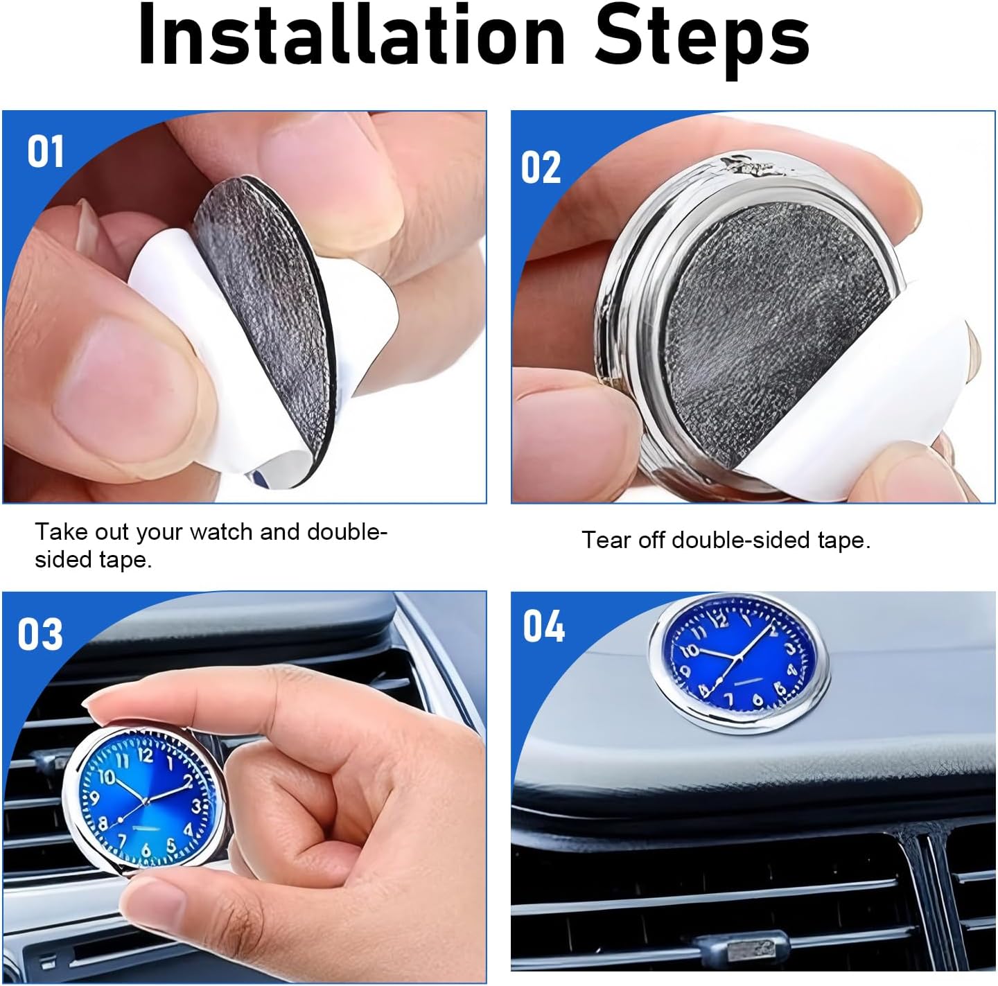 2PCS Stick on Car Dashboard Clock, Mini Tiny Luminous Center Console Clock, Retro-Style Alloy Car Time Display, Universal for Most Vehicles Home Boats (Black & Blue)