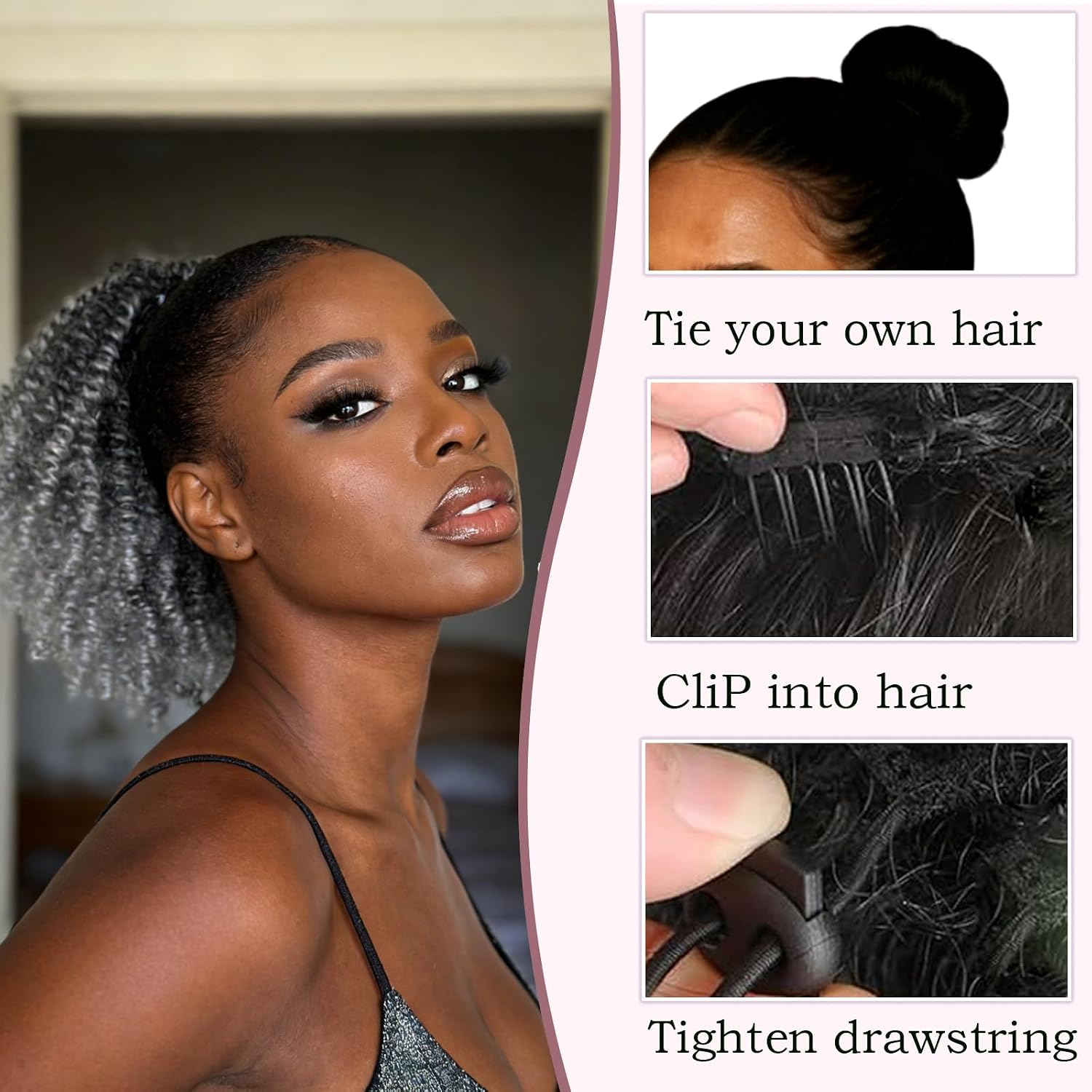 Drawstring Puff Ponytail Extension Protective Style 10 Inch Short Afro Deep Kinky Curly Pony Tails Hairpieces No Glue Easy Install Soft Tangle-Free Synthetic Hair Full Bouncy Style for Daily Gray