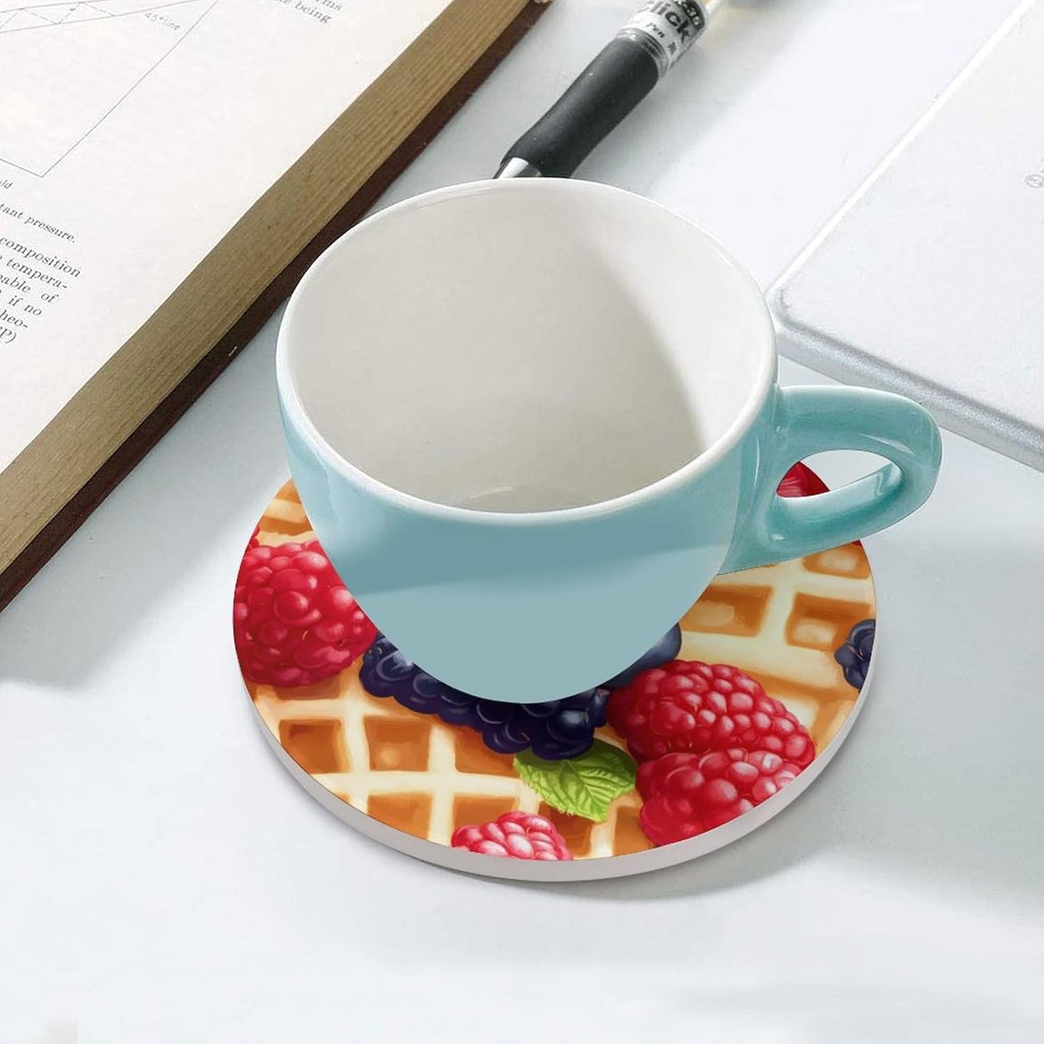 Waffle with Berries Round Ceramic Coasters for Drinks Absorbent Cup Holder Tabletop Protector with Cork Base