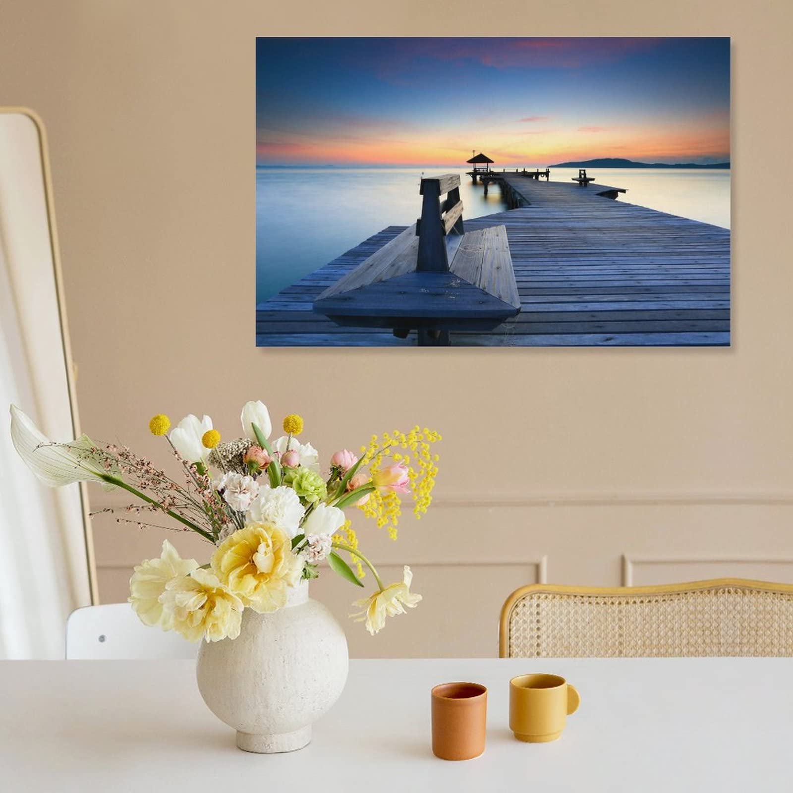 Amazon.co.jp: 絵画 夕暮れ時の水辺の木の橋インテリア 絵画