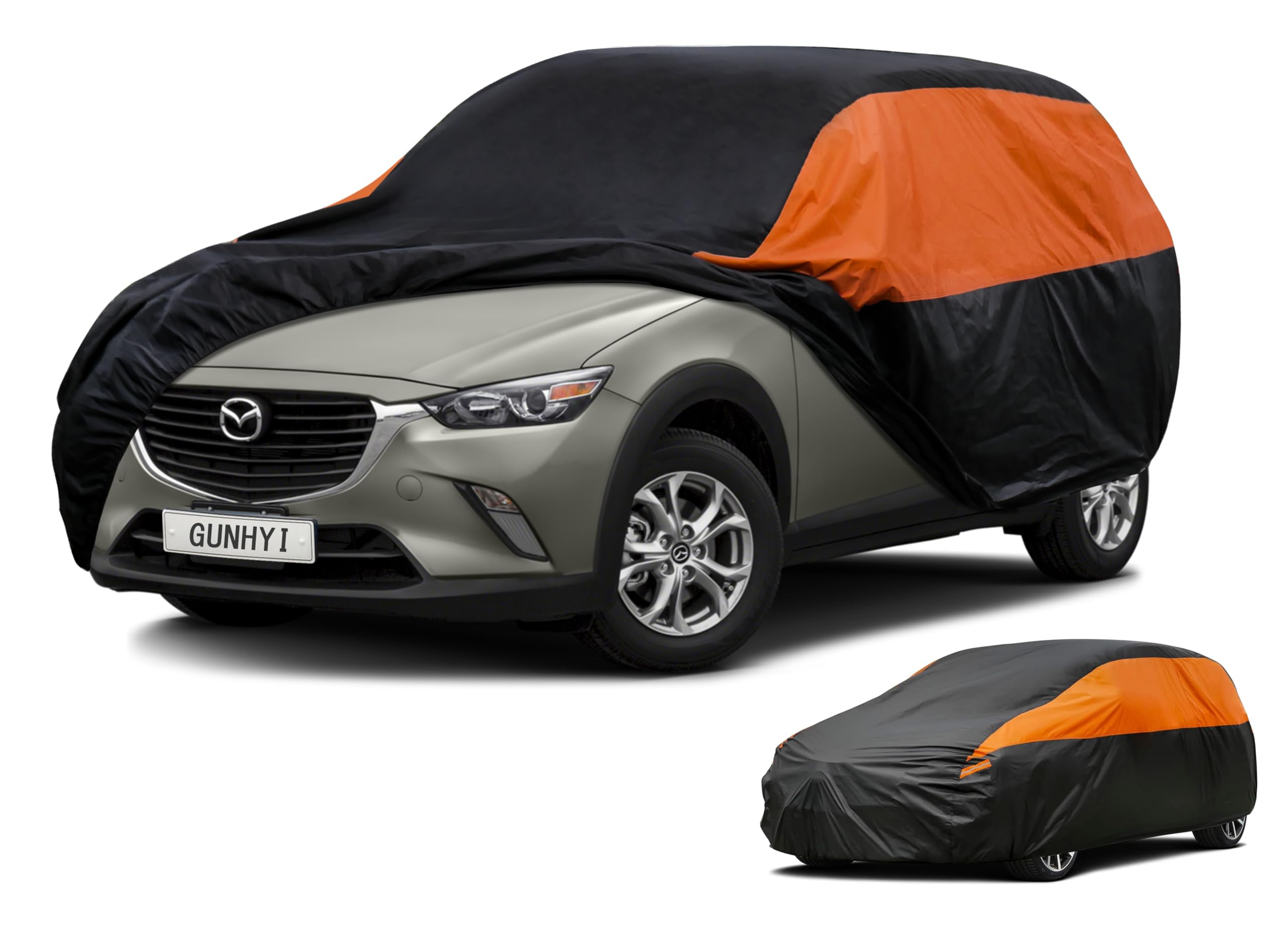 GUNHYI Waterproof Lightweight SUV Full Car Cover Custom Fit Mazda CX3 CX-3 | All‑weather Outdoor sun/rain/dust/snow/wind/UV protection, breathable tear‑resistant fabric, black‑orange design,storage bag