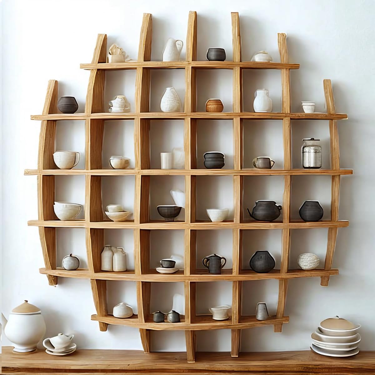 Oversized Hanging Coffee Mug Display Rack,Sphere Solid Wooden Tea Cup Holder,Mug Shelf for Wall,Multi Slot Wall Decor Display Cabinet,for Living Room Kitchen Office(47.2×47.2'') Yellow