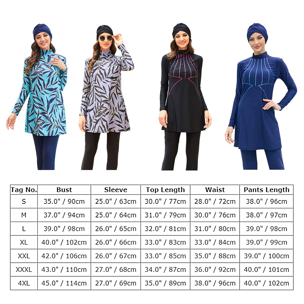 Odizli Maglia da donna musulmana a maniche lunghe con stampa + pantaloni + cuffia da bagno, 3 pezzi Burkini tutto il corpo