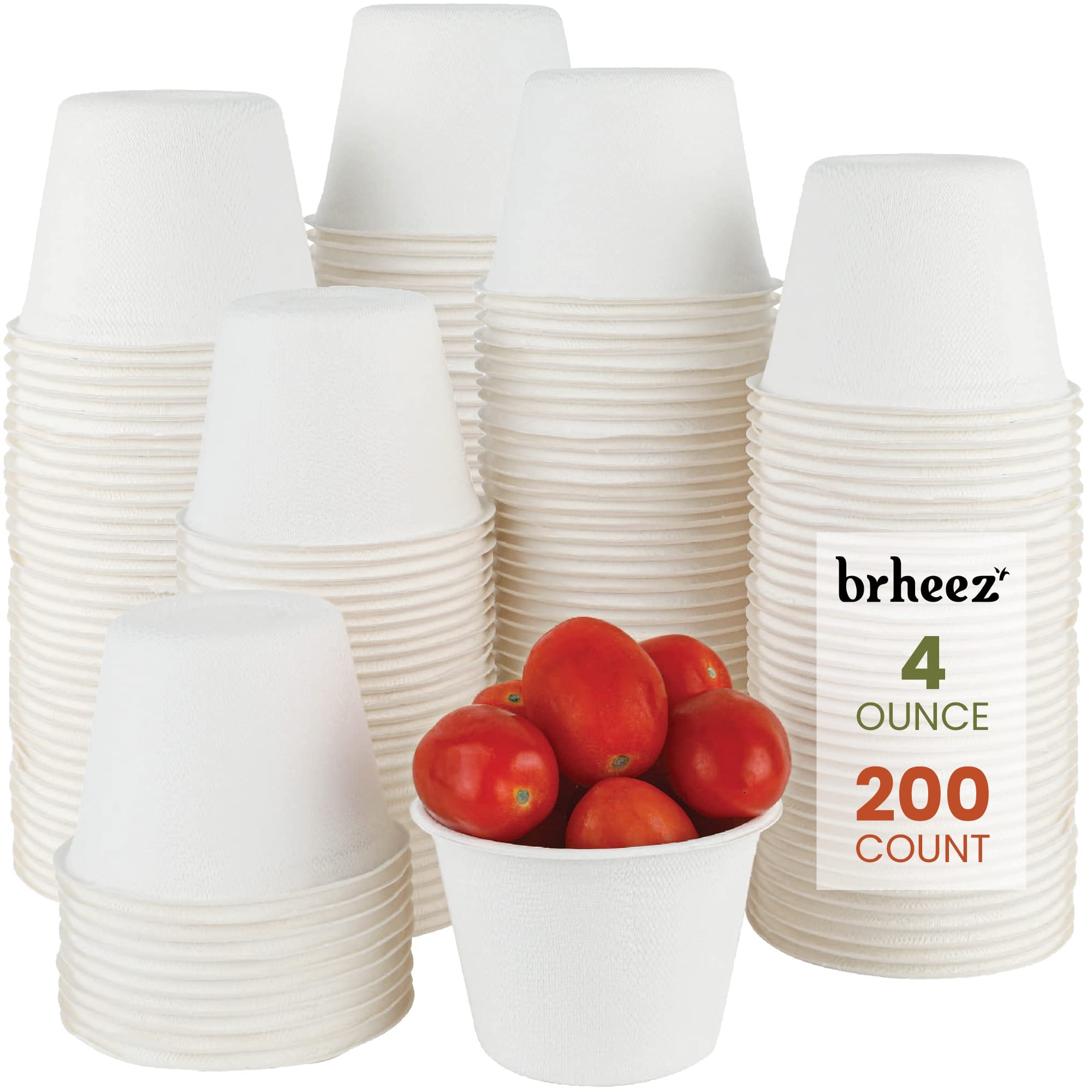 Brheez Portion Souffle Bagasse Cups - Perfect for Condiments and Samples, Compostable, Biodegradable and Recyclable, Eco Friendly Alternative to Paper and Plastic (4 oz - Pack of 200)