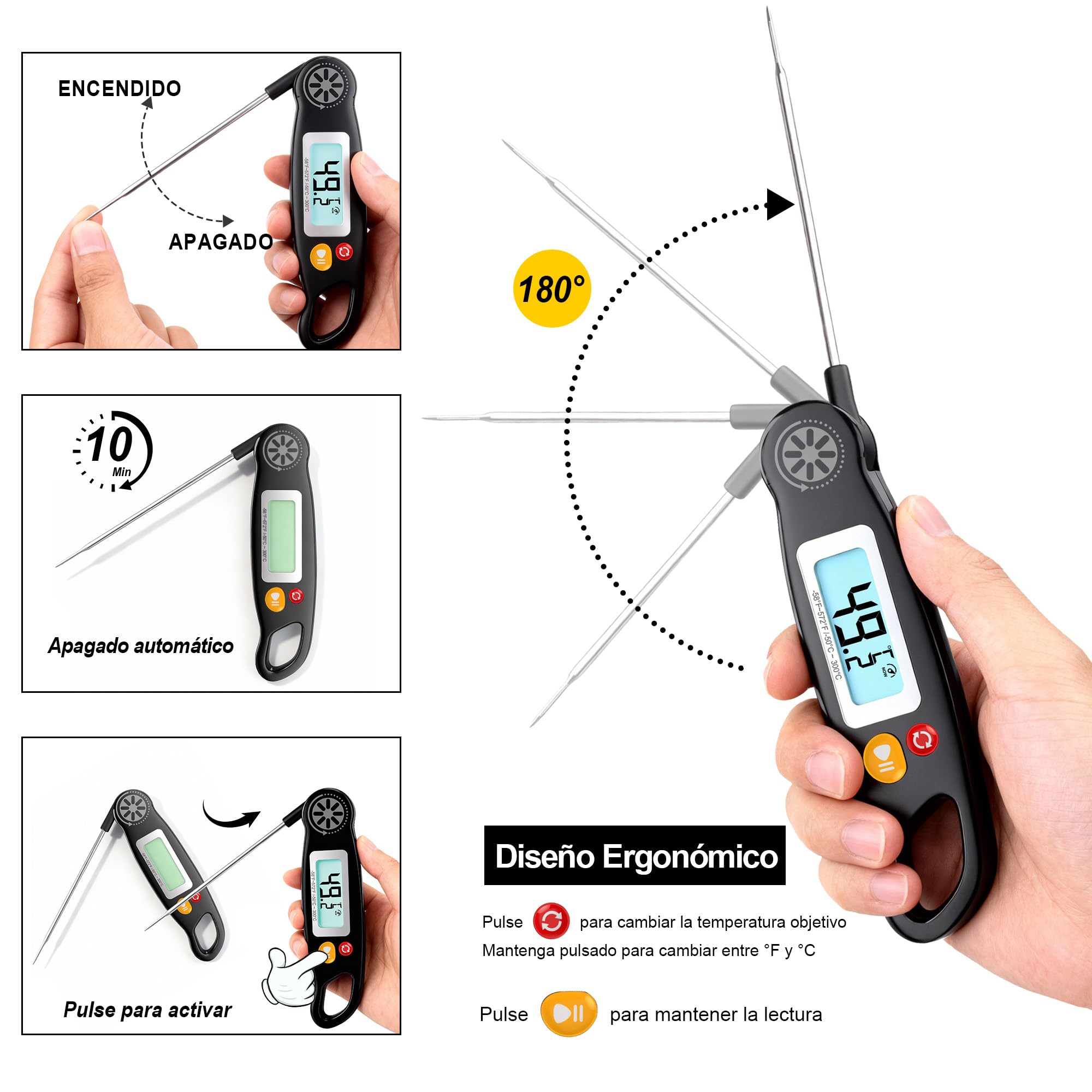 Antonki Termómetro digital de cocina con retroiluminación y sonda larga plegable: termómetro de lectura instantánea en 3 segundos para carne, barbacoas, hornos y líquidos