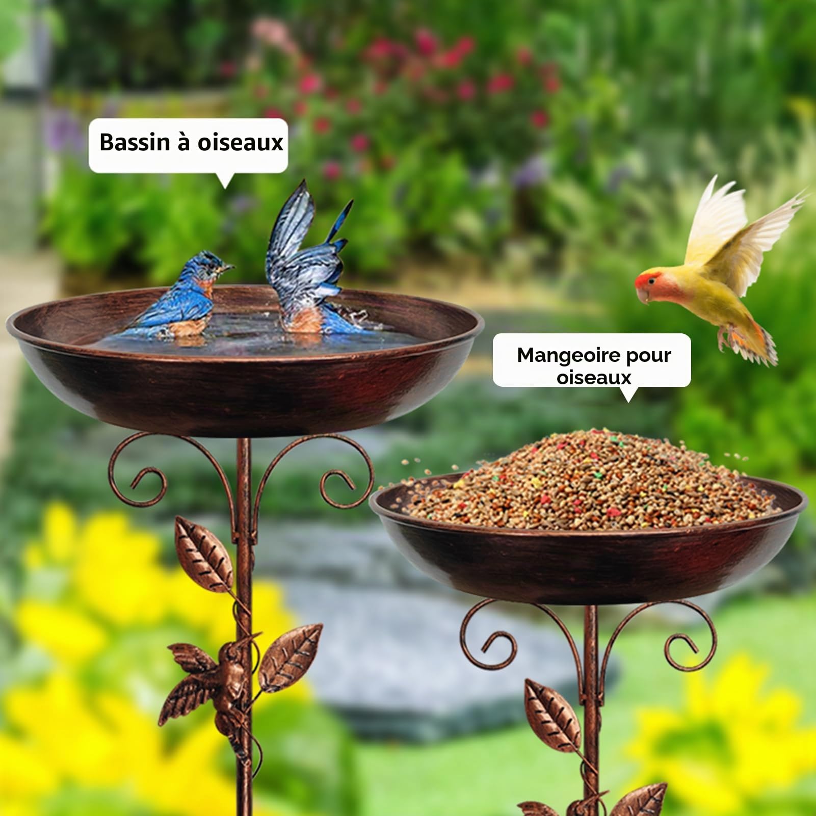35 pouces Abreuvoir pour oiseaux debout, bain d'oiseaux pour le jardin, bain d'oiseaux en métal vintage autoportant avec base stable à 5 branches, abreuvoir pour oiseaux grand résistant au