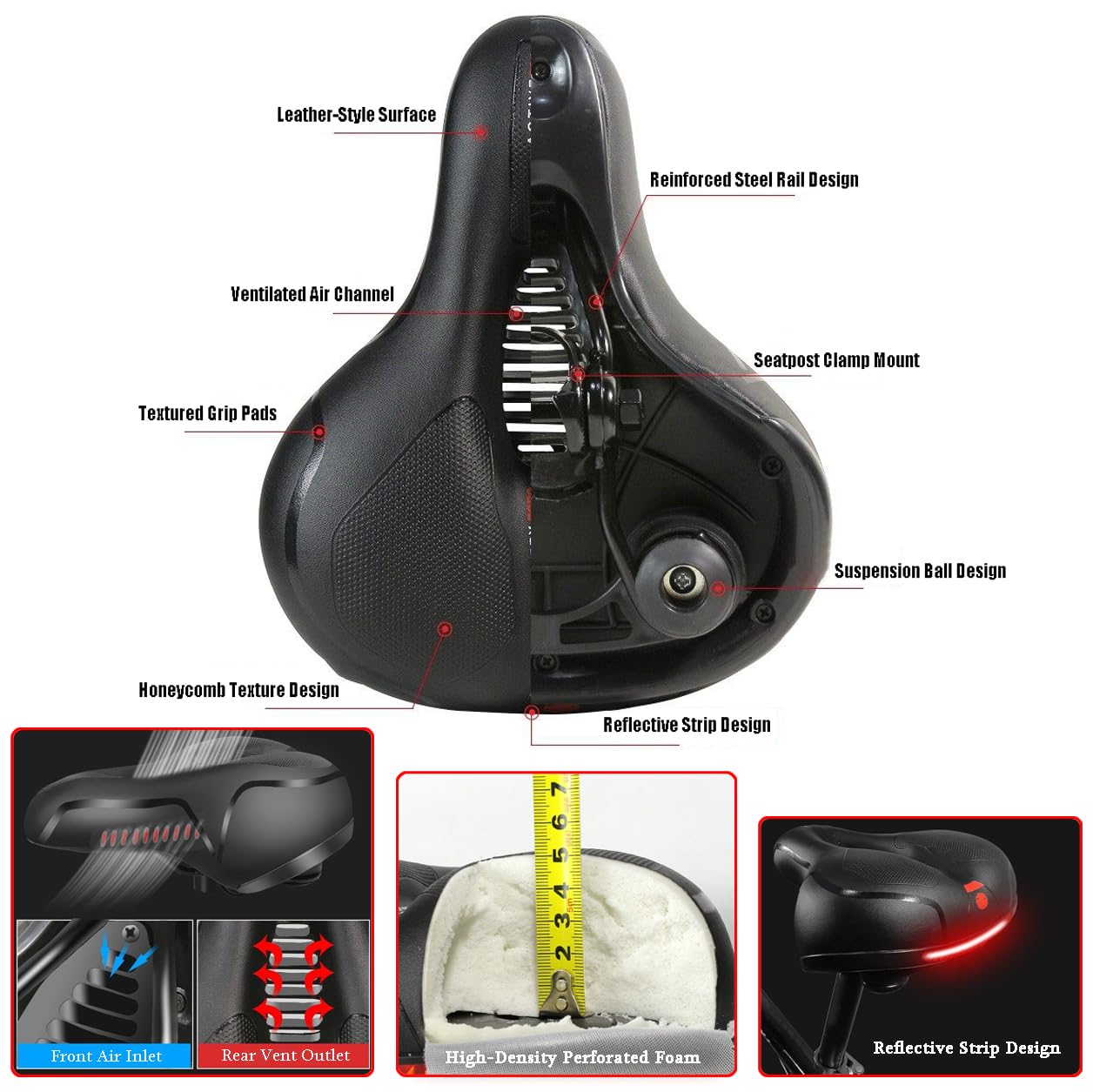 Bike Seat Cushion for Trek Stache 7/8 2013, Wide Bicycle Saddle with Dual Spring Balls, Ventilated Center Groove, Replacement Bike Seat for Most Bikes,A Black Red : Sports & Outdoors