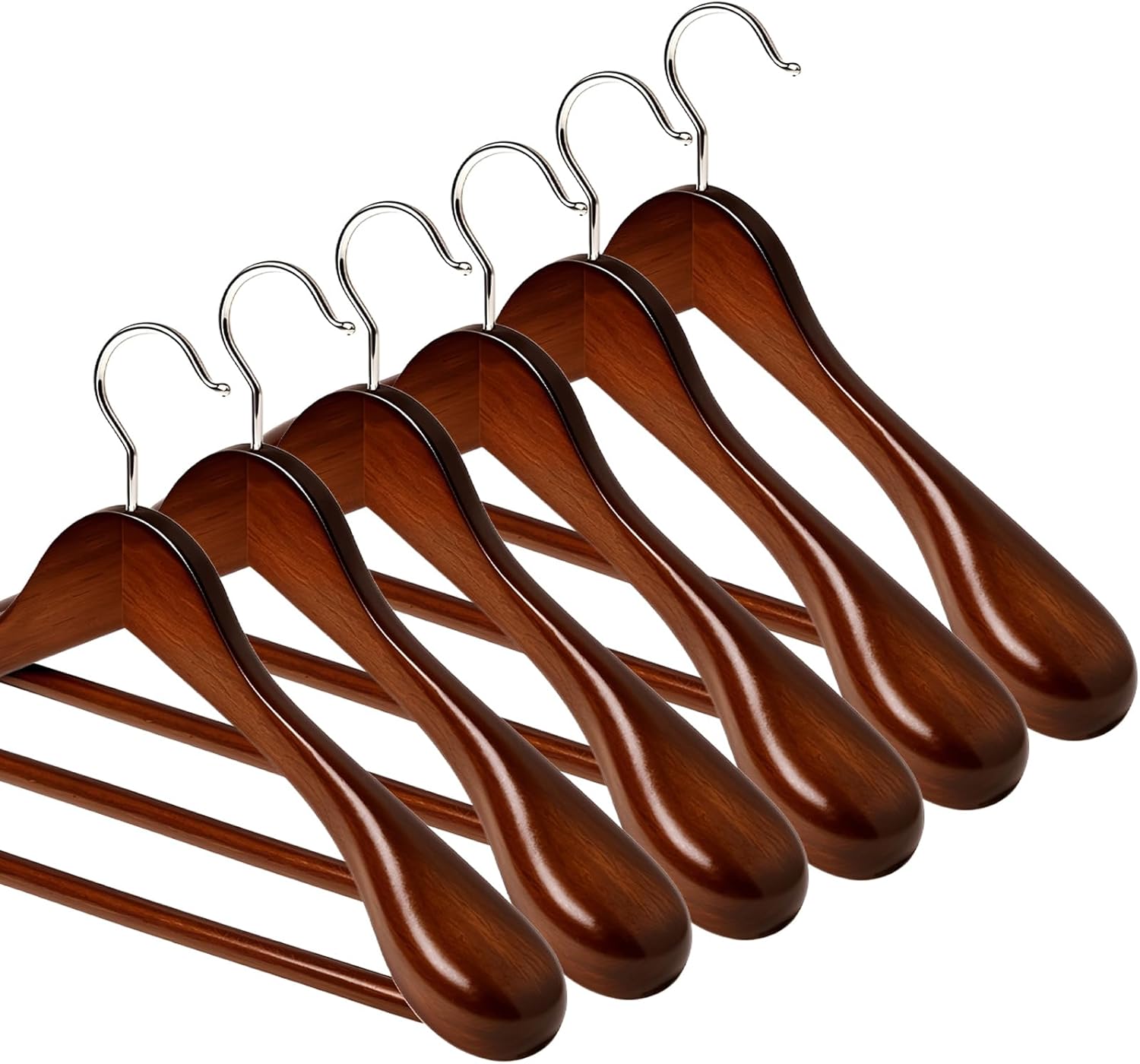 Premium Wooden Suit Hangers for Men Women, 6 Pack Wide Shoulder Wooden Hangers with Non Slip Pants Bar for Suits, Coats, Jackets, Dress, Heavy Duty Wide Clothes Hanger, Walnut
