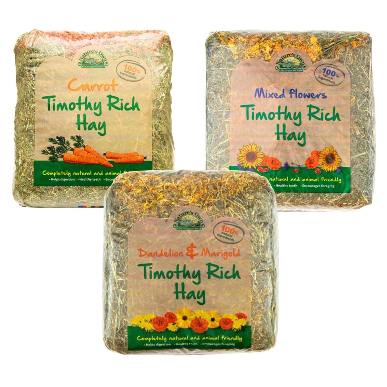Nature Own Premium Hay Bundle: 3-bag pack with Timothy Hay + Carrot, Mixed Flowers, and Dandelion & Marigold—natural forage for rabbits, guinea pigs, chinchillas, and small pets.