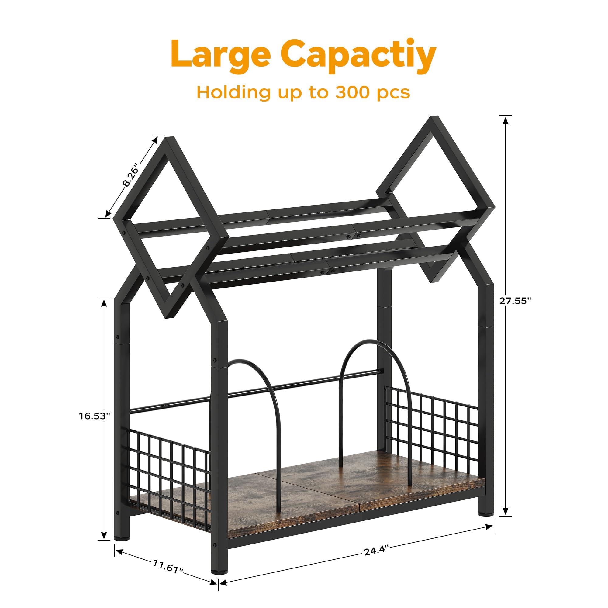 2-Tier Vinyl Record Storage Holder with Dividers, 24.4''W Vinyl Record Display, 300 LPs Vinyl Record Storage Rack, Suitable for Magazines, Books, Documents, Albums