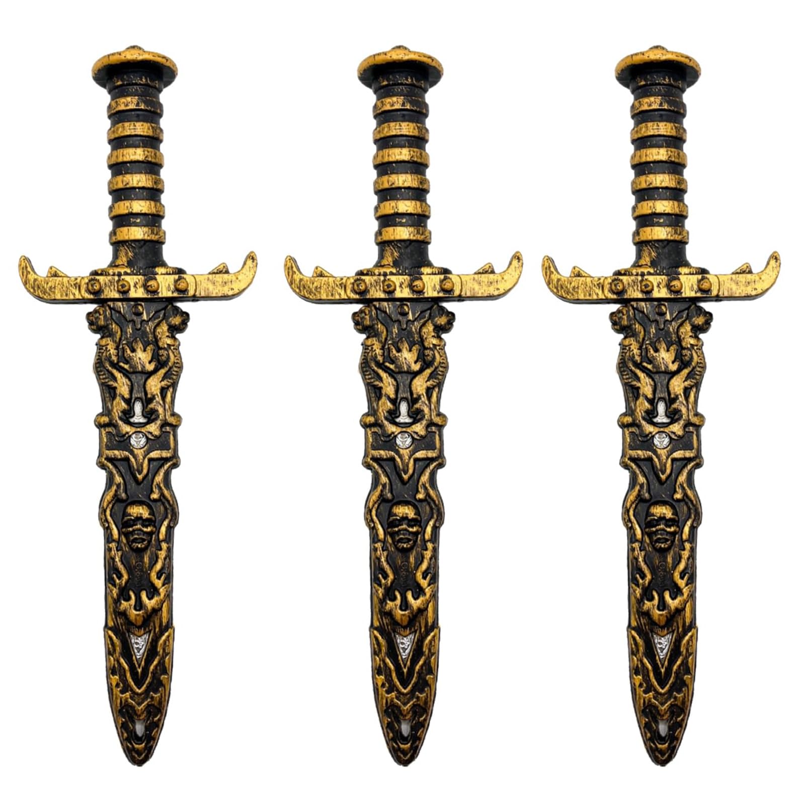 Glitzville 3Pcs Halloween Pirate Sword Antique Gold Pirate Dagger Fake Sword Cosplay Prop Costume Accessory Halloween Stage Performance Party Supplies