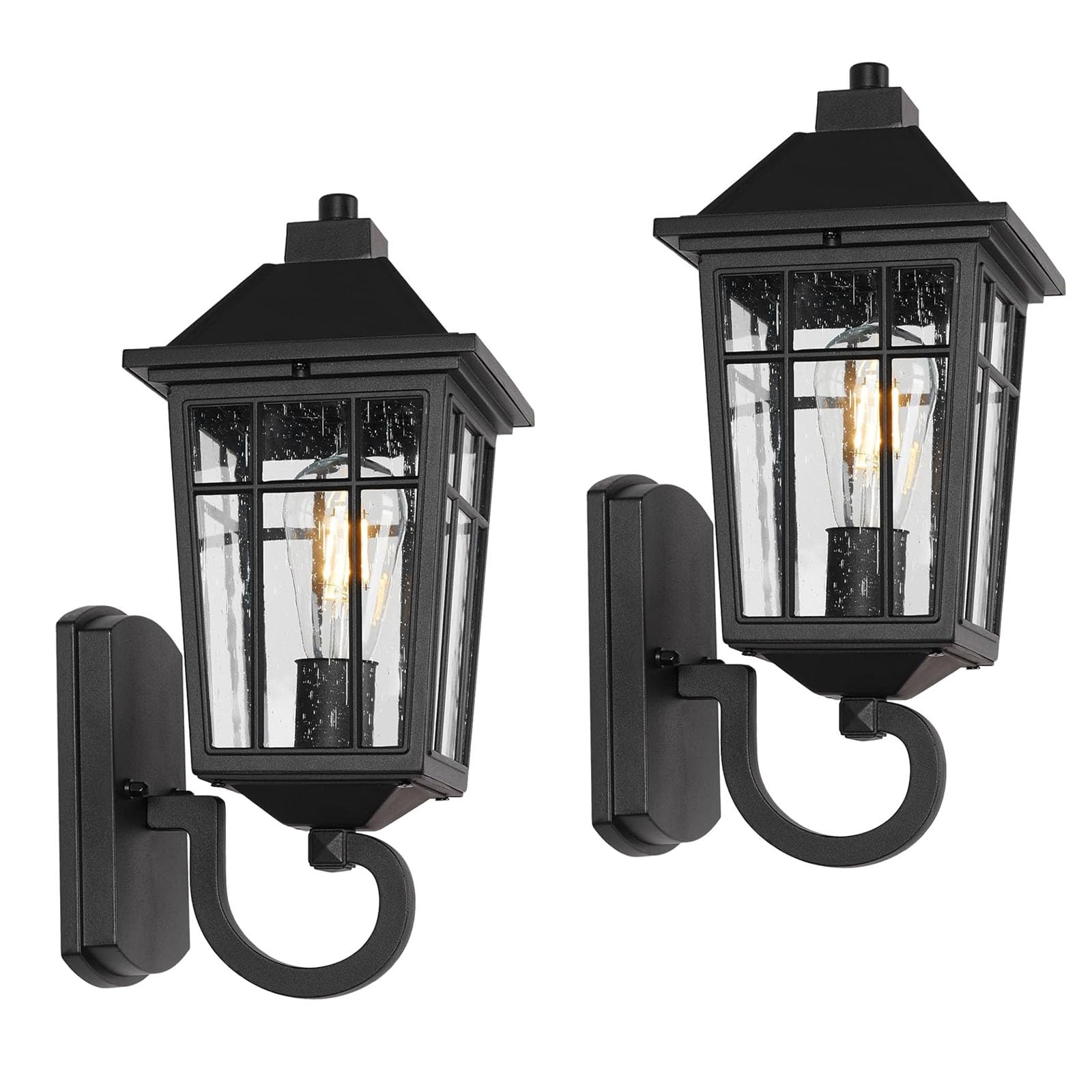 JYZ 2PK 15" Outdoor Porch Light Wall Mount, Exterior Wall Lighting Fixtures with Seeded Glass Shade, Anti-Rust Matte Black Outdoor Wall Sconce, E26 Base Outside Lantern for Front Door, Patio, Garage