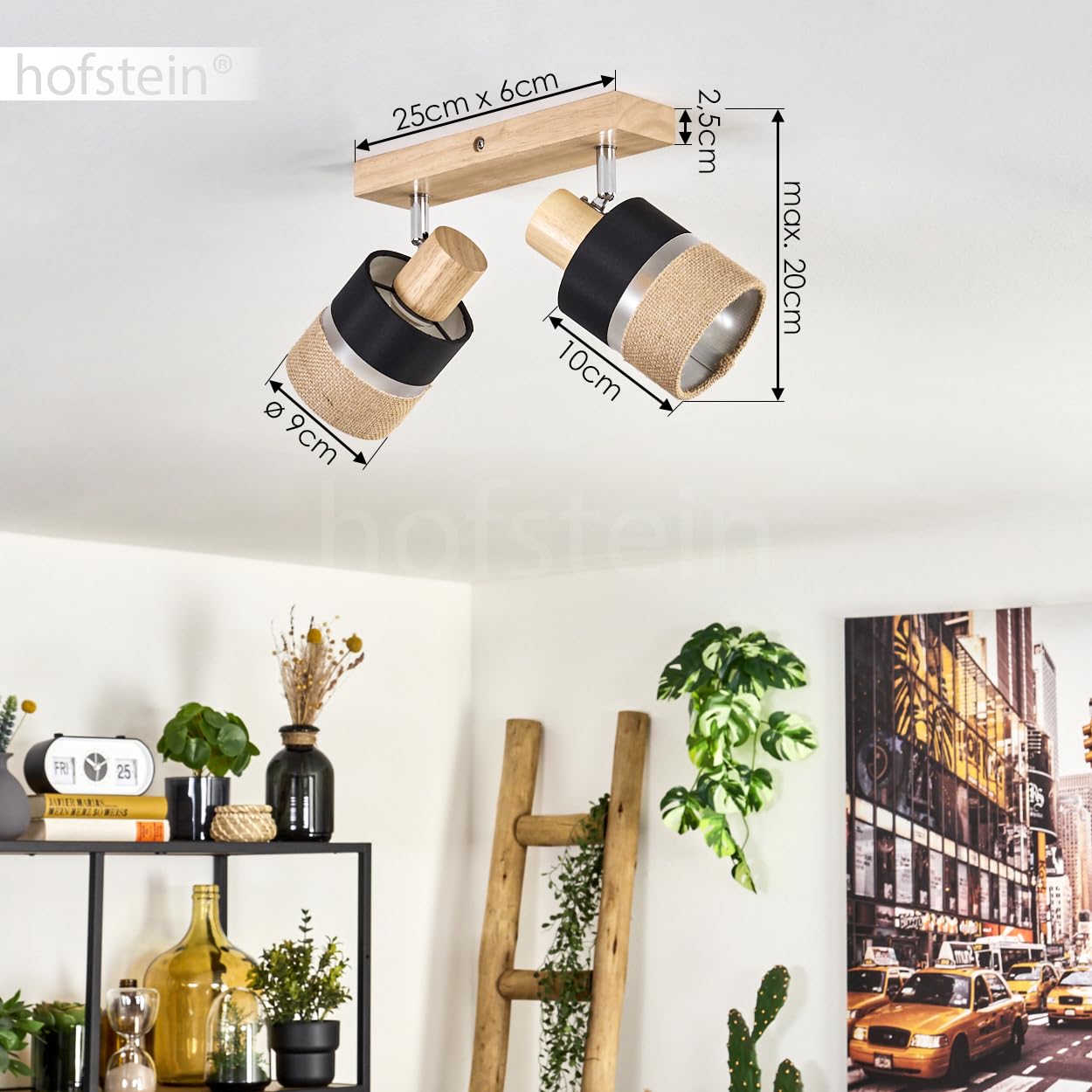 Plafoniera Fallhagen, lampada da soffitto moderna in legno/metallo/lino nei colori naturale/cromo/nero, lampada a 2 luci dal design scandinavo con faretti regolabili, 2 x E14, senza lampadine