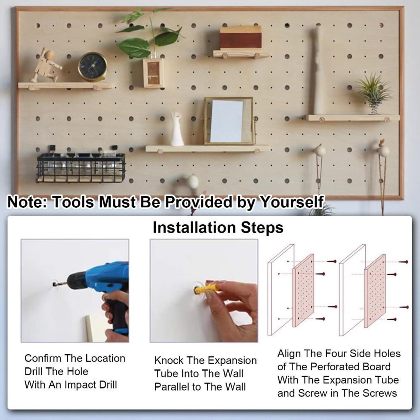 Stecktafel-Wand-Organizer, Multifunktionaler Aufbewahrungshalter für Wohnzimmer, Büro, Schlafzimmer, Holz-Pegboard-Kombinationsset