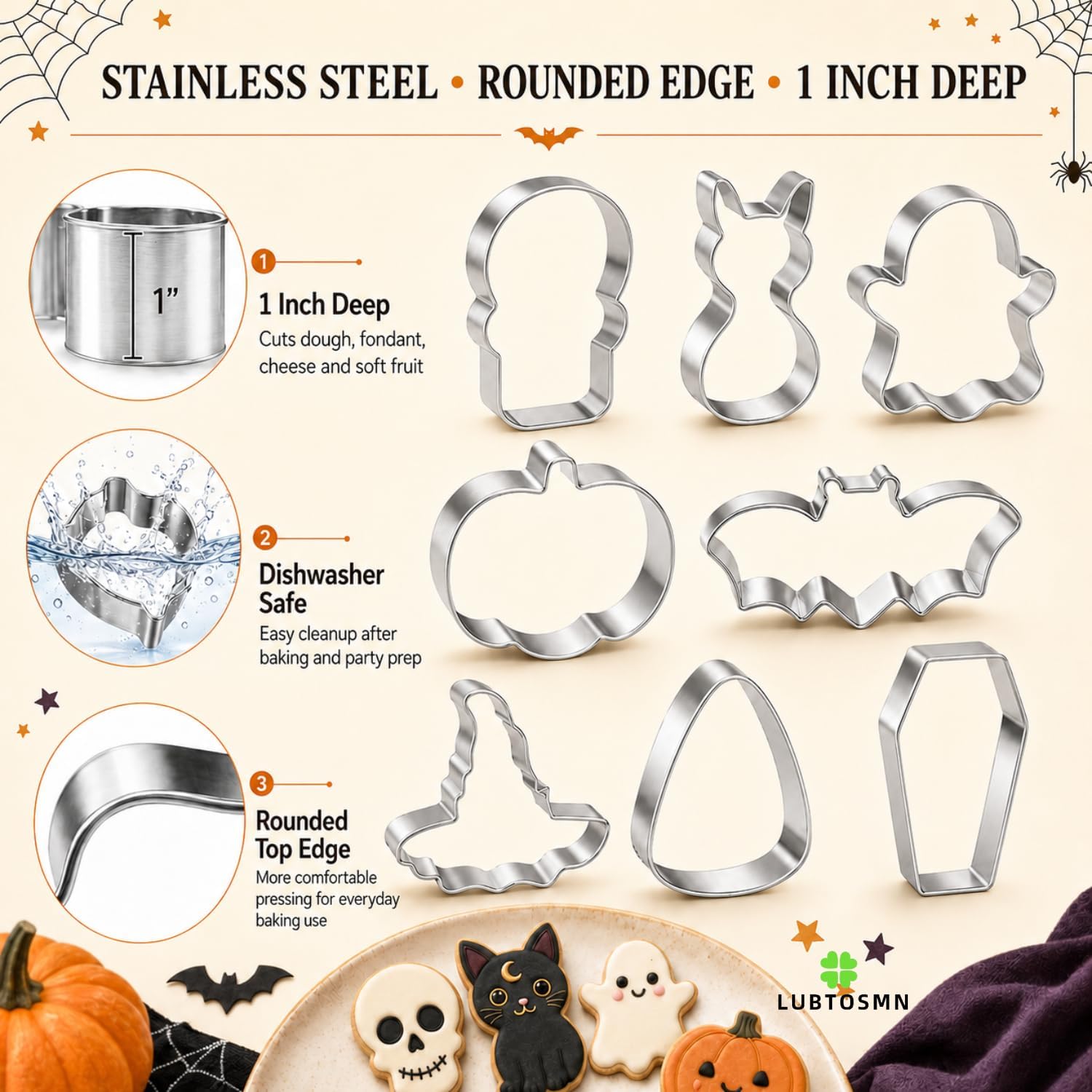 LUBTOSMN 8 Pcs Mini Halloween Cookie Cutters Set, 2.0 Inch, Dishwasher-safe