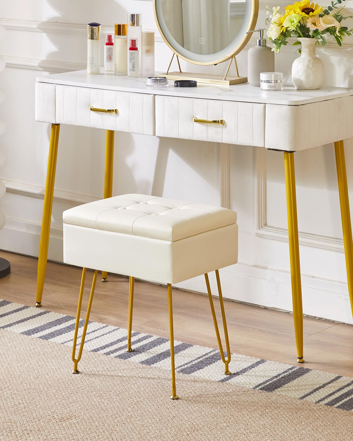 IBUYKE Stockage Tabouret de vanité avec Flip Table, Ottoman, Blanc WBD014W