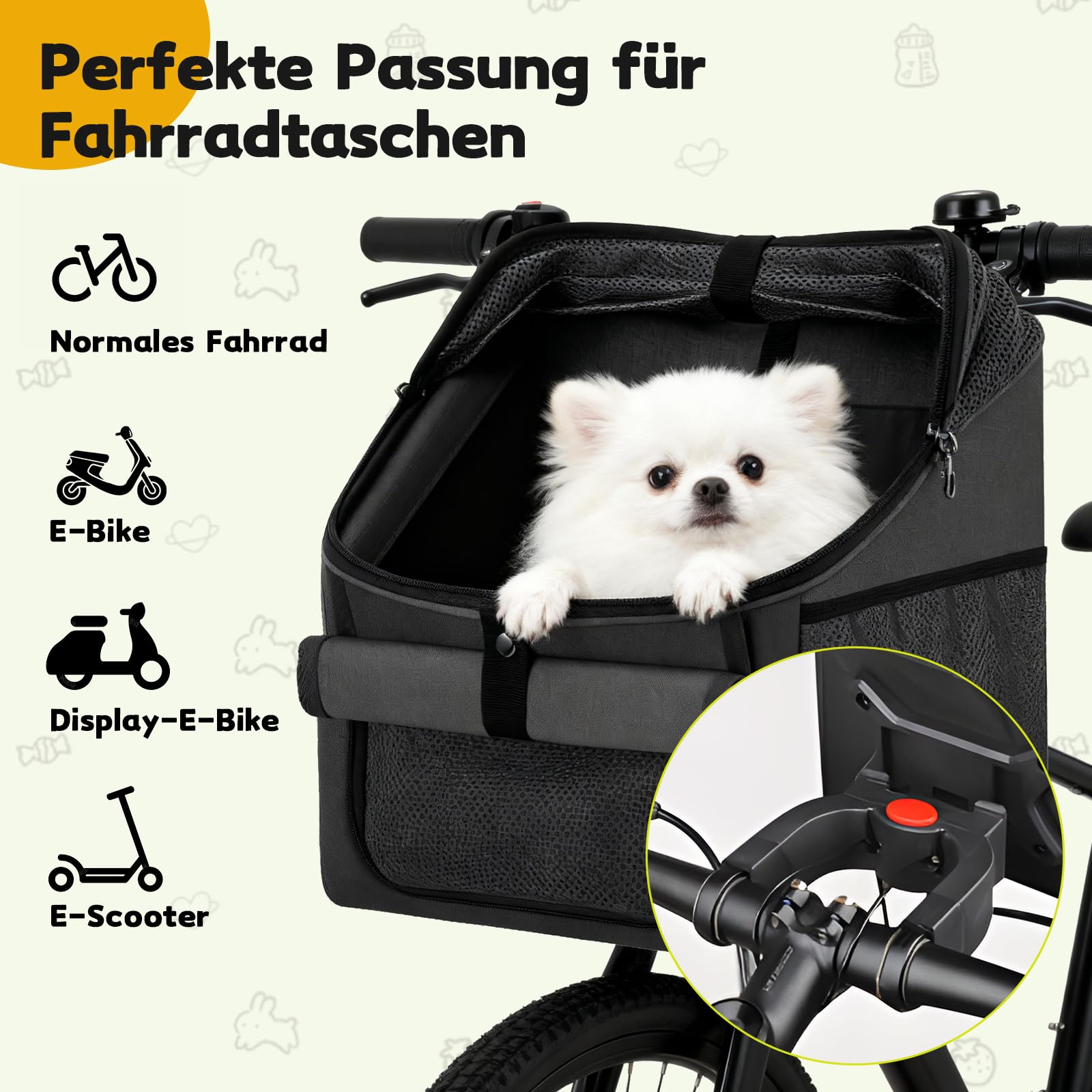 Panier de vélo 4 en 1 pour chien, panier avant de vélo pour chiens et chats, sac à dos amovible avec 4 fenêtres en maille et ceinture de sécurité, sac respirant pour animaux de compagnie pour vélo