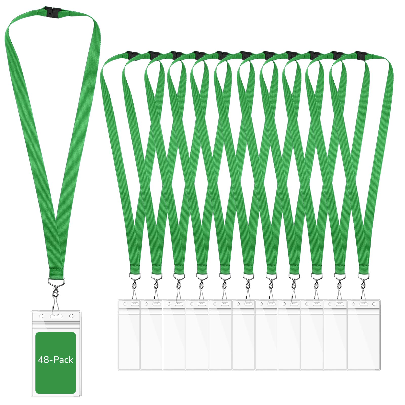 WEZEBEL 48-Pack Green Breakaway Lanyards with Waterproof Badge Holders, Polyester Neck Straps for ID Cards, Events, Office, and Schools — image 1