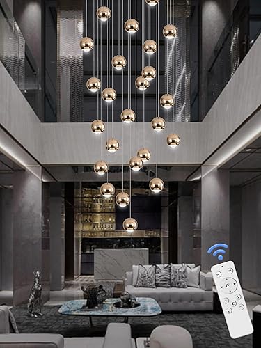 Miniatura 3 de Candelabro de cristal de granja, luces colgantes de lujo para techo alto para vestíbulo, escalera, 24 luces, lámpara dorada regulable 2700 K-6000 K