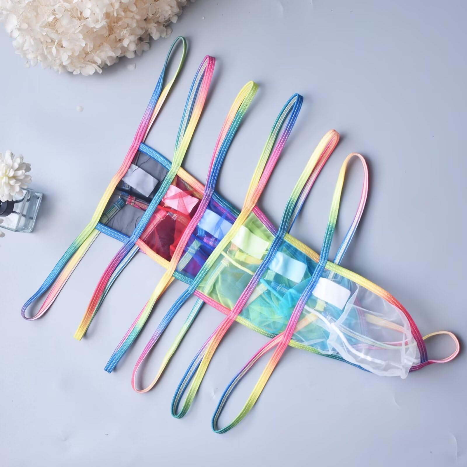 Faringoto Herren-Stringtanga, Unterwäsche, super durchsichtig, Bademode, Bikini, Regenbogen-Rand, Höschen