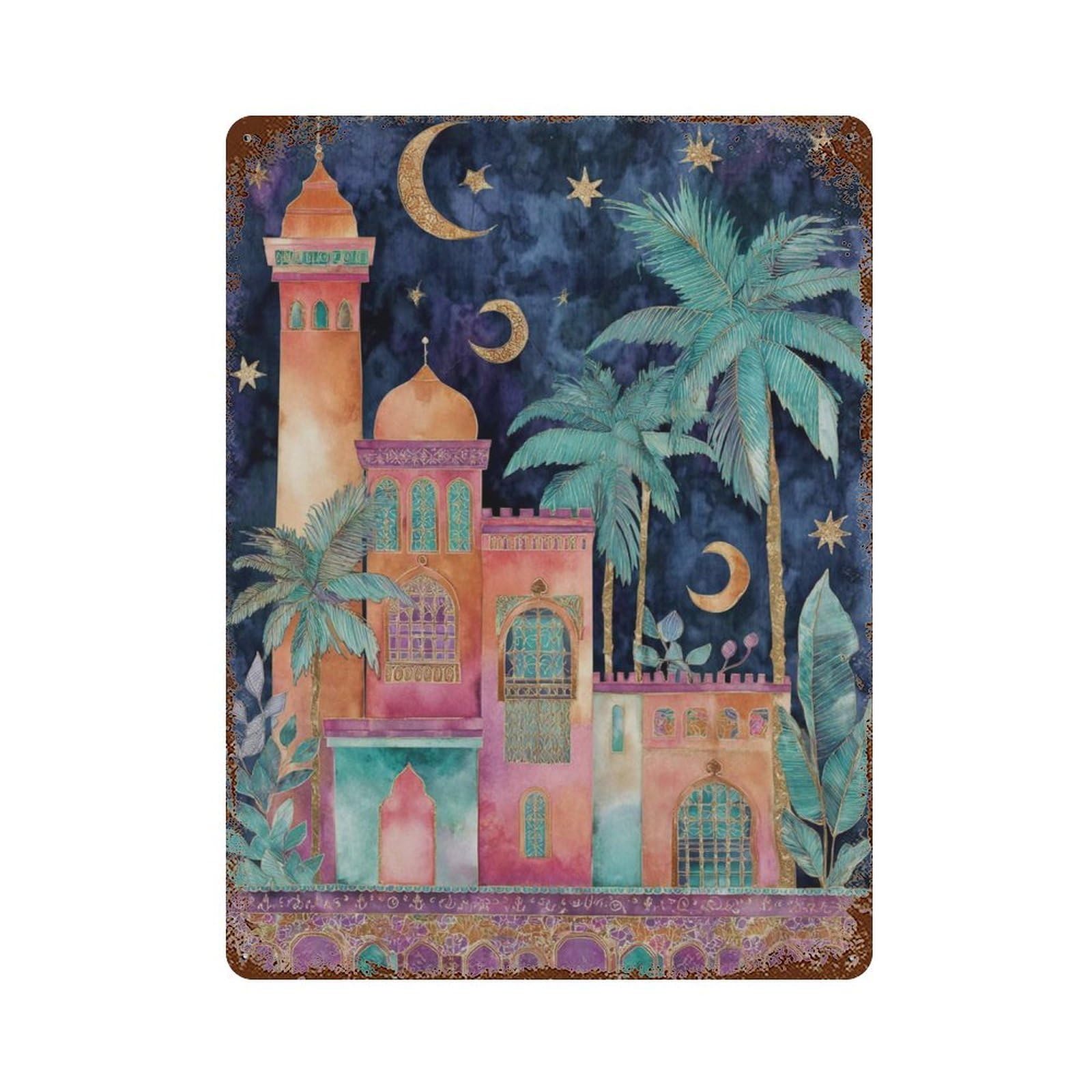 xiaoxiaoshen Moorish Palace Moroccan Night Crescent Moon Exotic Architecture Dreamy Arabian (2) Wall Decor Art Metal Tin Poster Modern Home Decor Art Home Bar Shop Decorations Vintage Sign 40x30cm