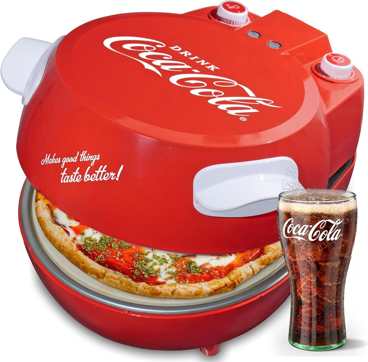 Salco Coca-Cola Pizzamaker – Perfect Pizza in 3-5 Minutes | Cordierite Stone 30 cm | Temperature up to 400 °C | Timer 15 Minutes | Cool-Touch Case | For Frozen and Fresh Pizzas
