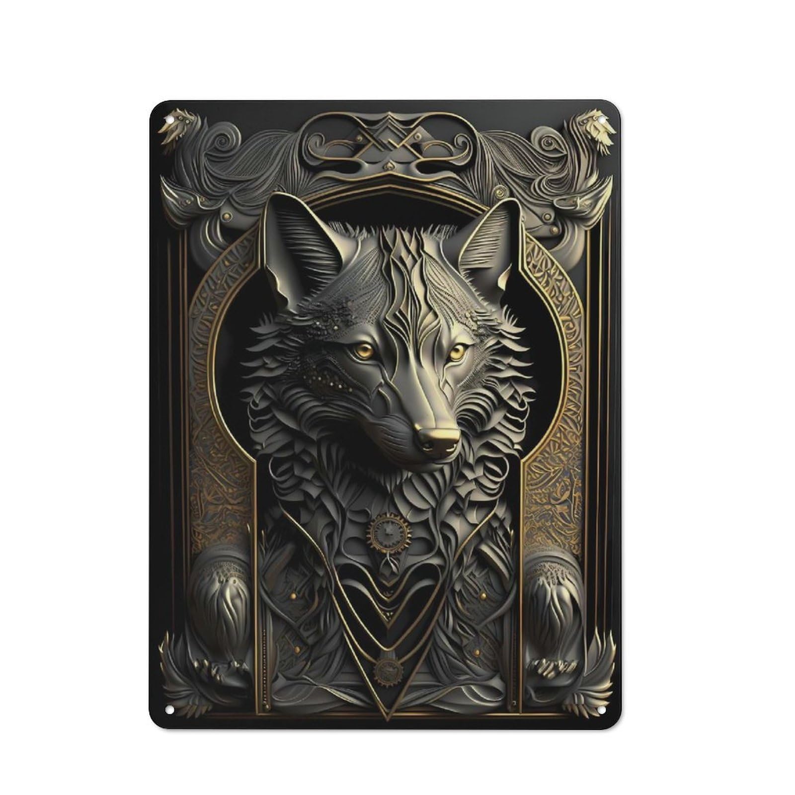 Junmoney Style-16 Metal Wall Sign 40X30cm Featuring Golden Wolf Portrait For Garage Or Workshop, For Garage, Workshop And Man Cave Decoration