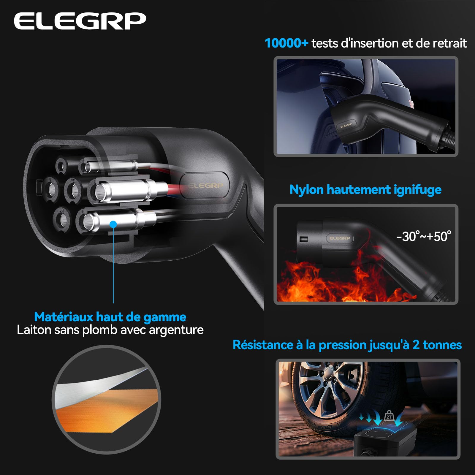 ELEGRP 11 KW Mobile Wallbox avec câble de Recharge de Type 2, Chargeur EV triphasé, réglable de 6 à 16 A, câble de 7 m, étanche IP67, Station de Recharge Mobile IEC 62196-2