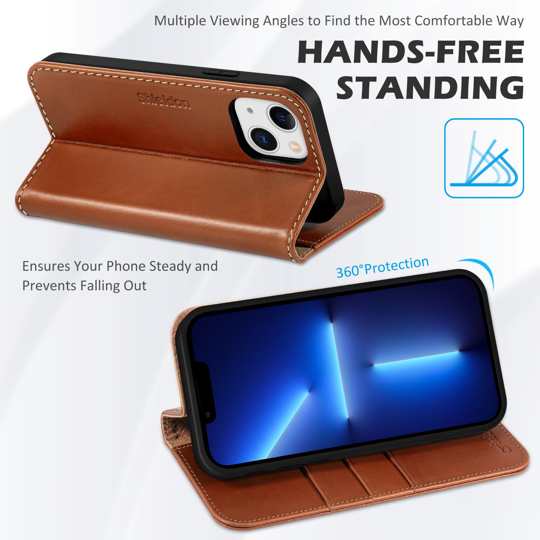 SHIELDON Funda Compatible con iPhone 13, Carcasa Cuero Genuino para iPhone 13 con Cáscara de TPU, Soporte Plegable, Bloqueo RFID, Funda Tapa Libro para iPhone 13(6.1"), Retro Marrón
