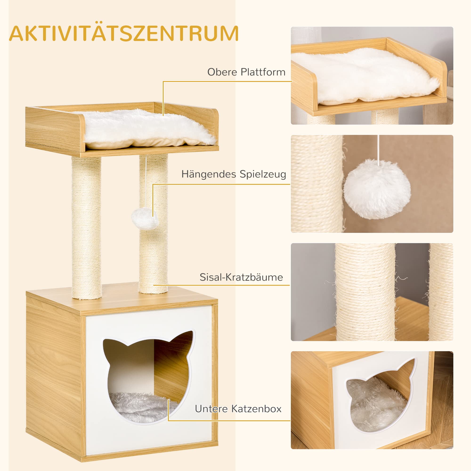 Domek dla kota Pawhut jaskinia dla kota legowisko dla kota domek dla zwierząt z motywem kota zabawka piłeczka zdejmowana płyta wiórowa aksamitny poliester sizal dąb 35 x 35 x 81 cm