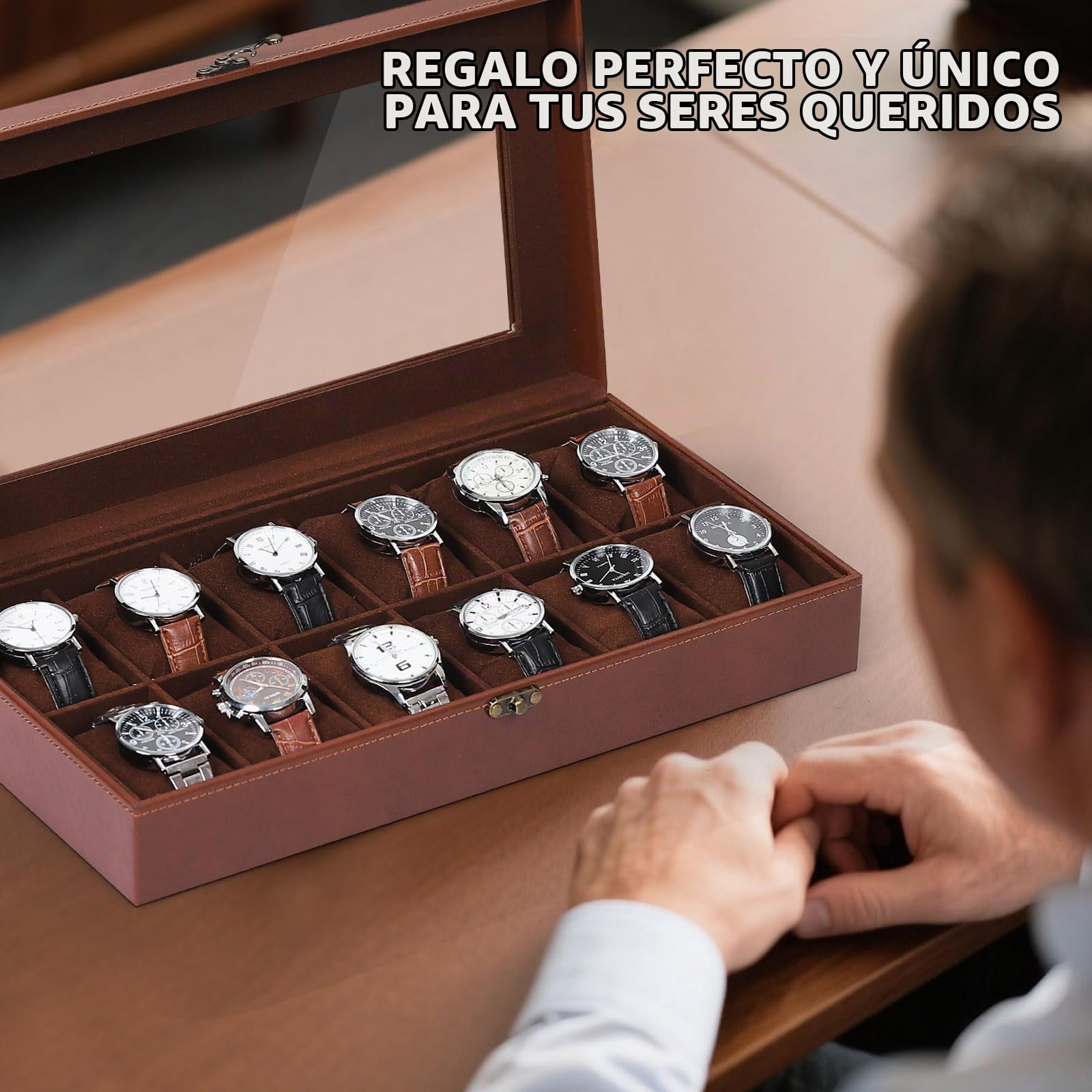 AUTOARK MKAW103 - Caja de reloj de cuero y terciopelo con tapa de cristal, organizador de joyas con cerradura, almohadas extraíbles para reloj, café, MKAW103