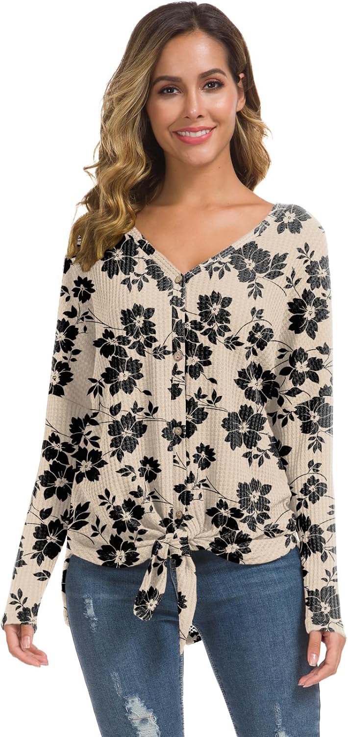 IWOLLENCE Women's Waffle Knit Tunic Blouse Tie Knot Henley Tops Loose Fitting Bat Wing Plain Shirts - Image 2