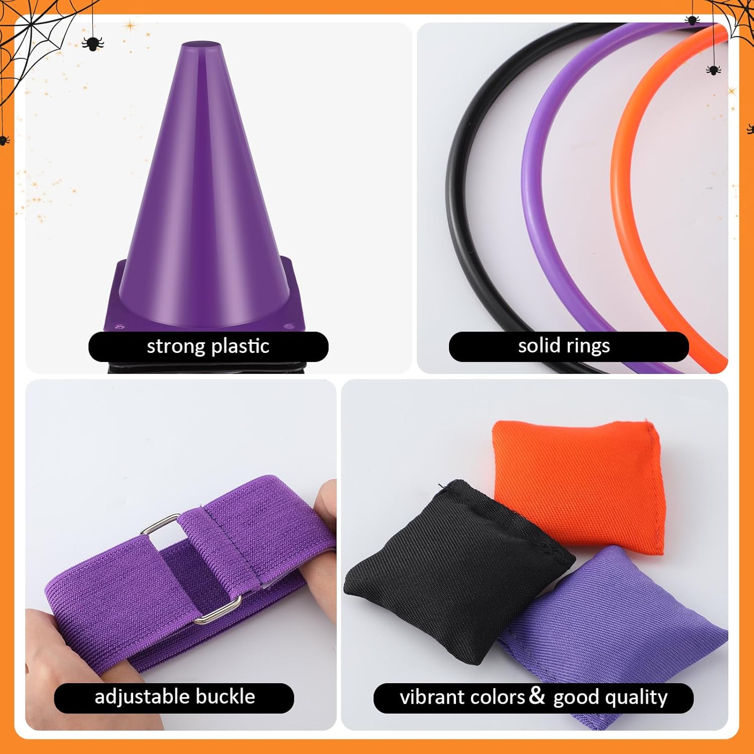 Leitee 40 Pcs 4 in 1 Halloween Bean Bag Toss Game Set Ring Toss, Soft Plastic Cones, Bean Bags, 3-Legged Race Bands, Halloween Games Set Indoor Outdoor Party Yard Supplies