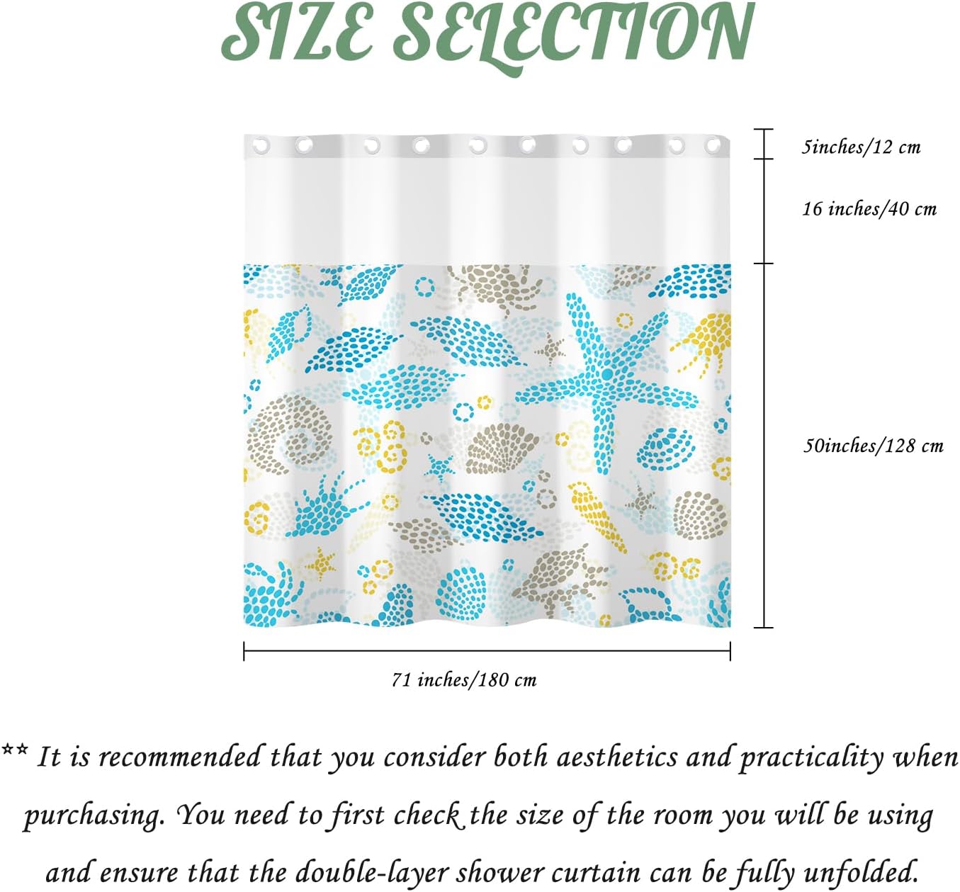71x71 Inch Without Hook Nautical Shower Curtain and Liner Set Starfish Conch Coastal Themed Snap in Shower Curtains for Bathroom Cute Beach Ocean Marine Children Kids Bathroom Set