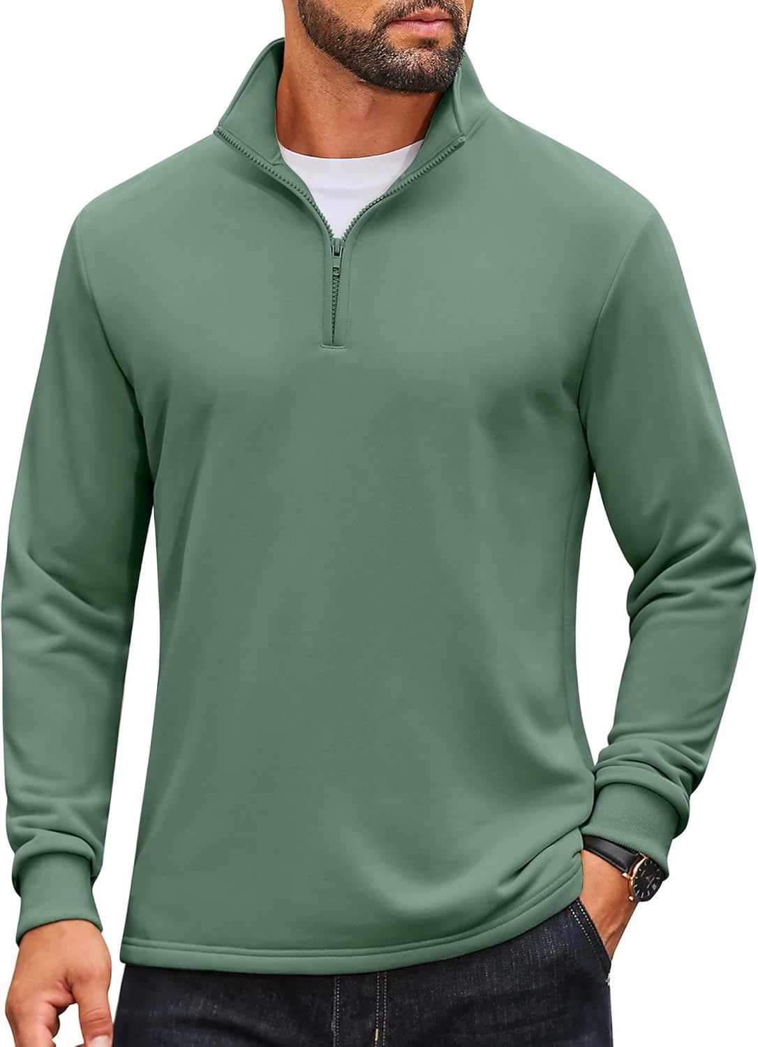 COOFANDY Men's Quarter Zip Pullover Sweatshirt Mock Neck Quilted Sweatshirt Lightweight Casual Long Sleeve Polo Shirt