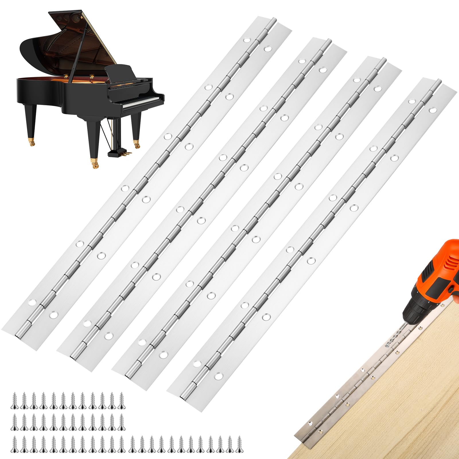 4 Pcs Heavy Duty Piano Hinges for Wood, 30cm/12 inch Continuous Hinges with Holes, Stainless Steel Cabinet Hinge for Cabinet Doors Pianos Windows, with Screws(Silver)