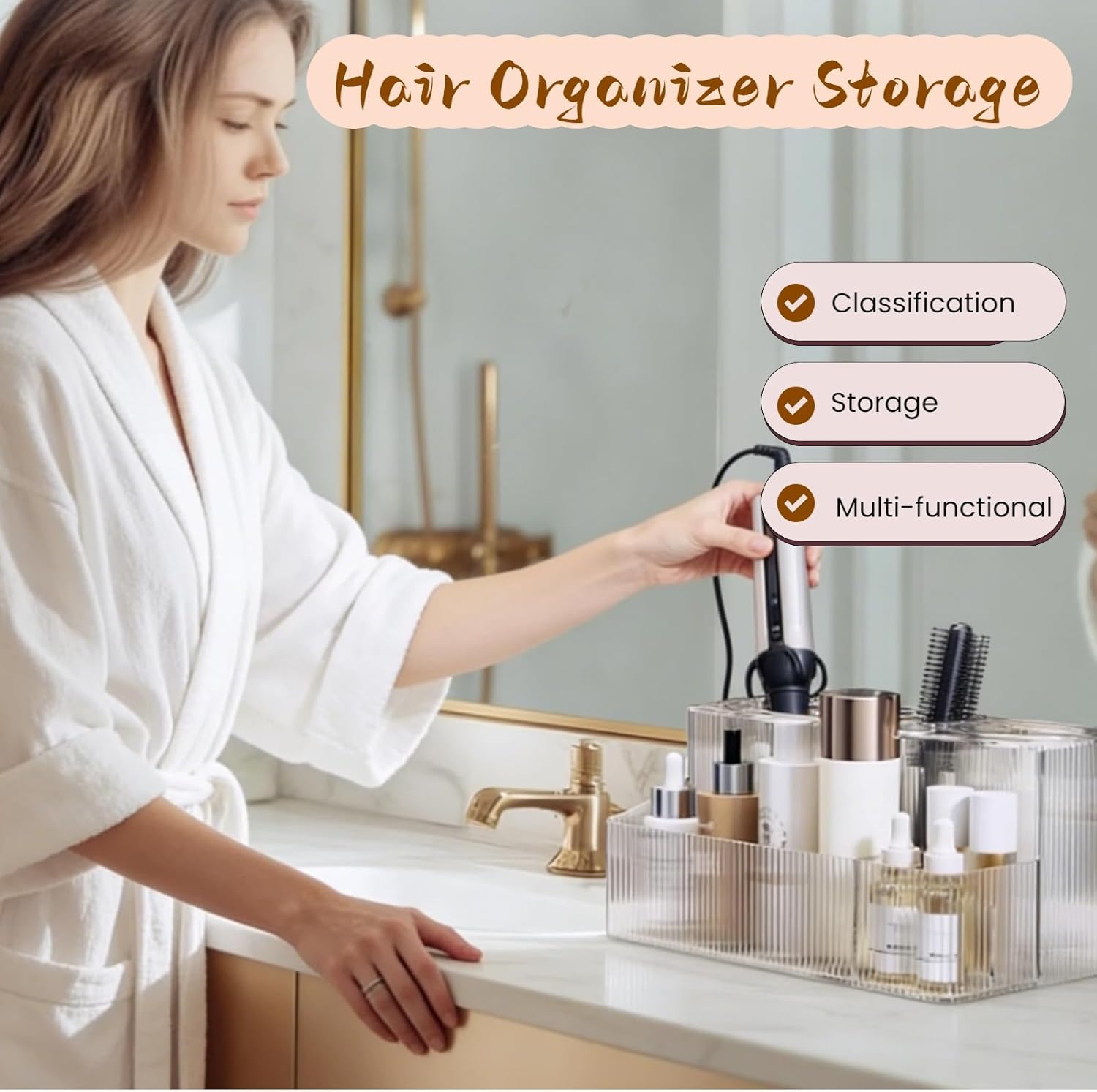 Hair Brush Tool Organizer, Hot Hair Dryer Holder Clear Acrylic Wave Design, with Detachable 3 Cups, for Vanity Makeup Bathroom Countertop Hair Product Appliance Accessories Storage and Organizer