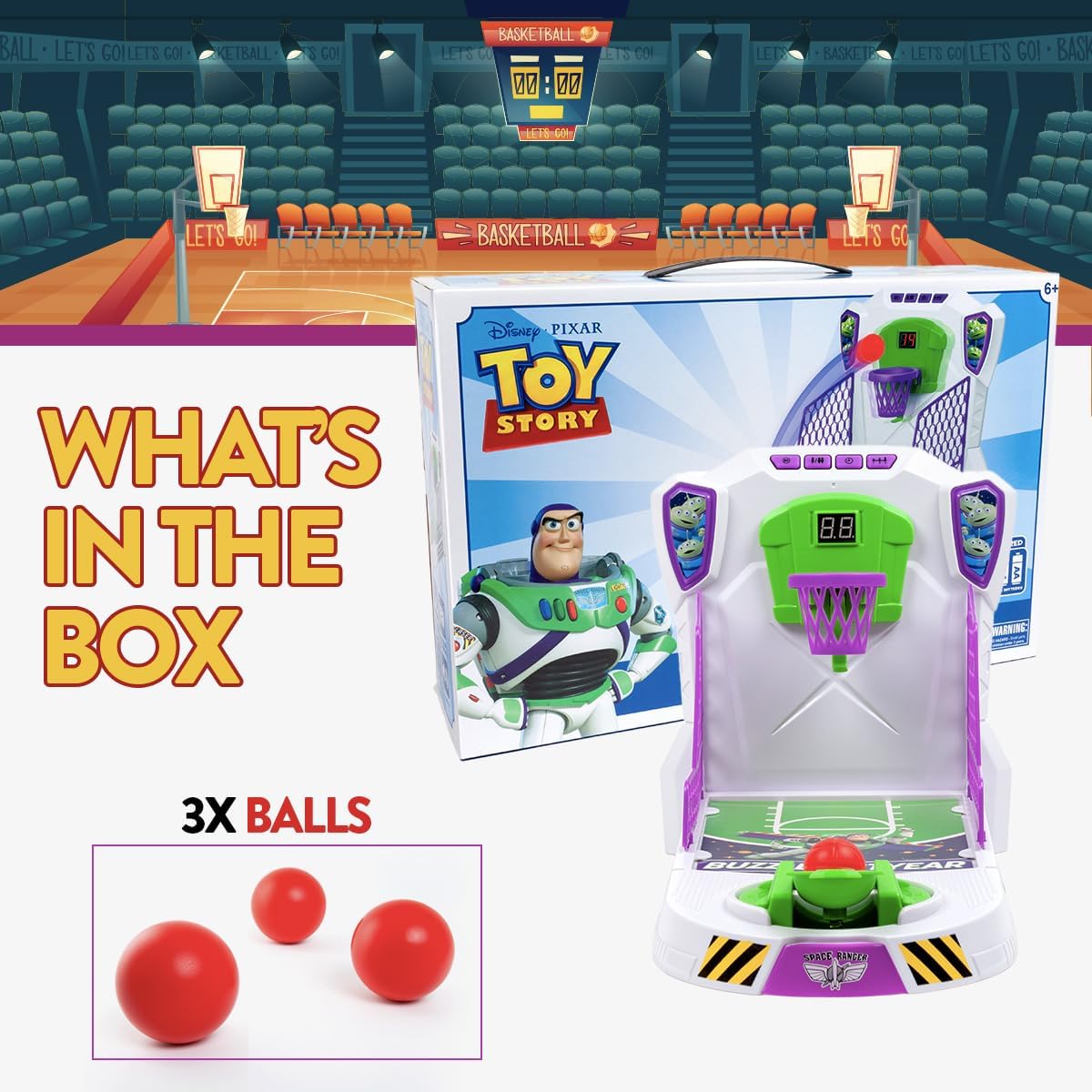 World Tech Toys Buzz Lightyear Tabletop Basketball Game – Moving Hoop & Launcher, LED Lights, Electronic Scoreboard – 1-2 Players, Ages 6+
