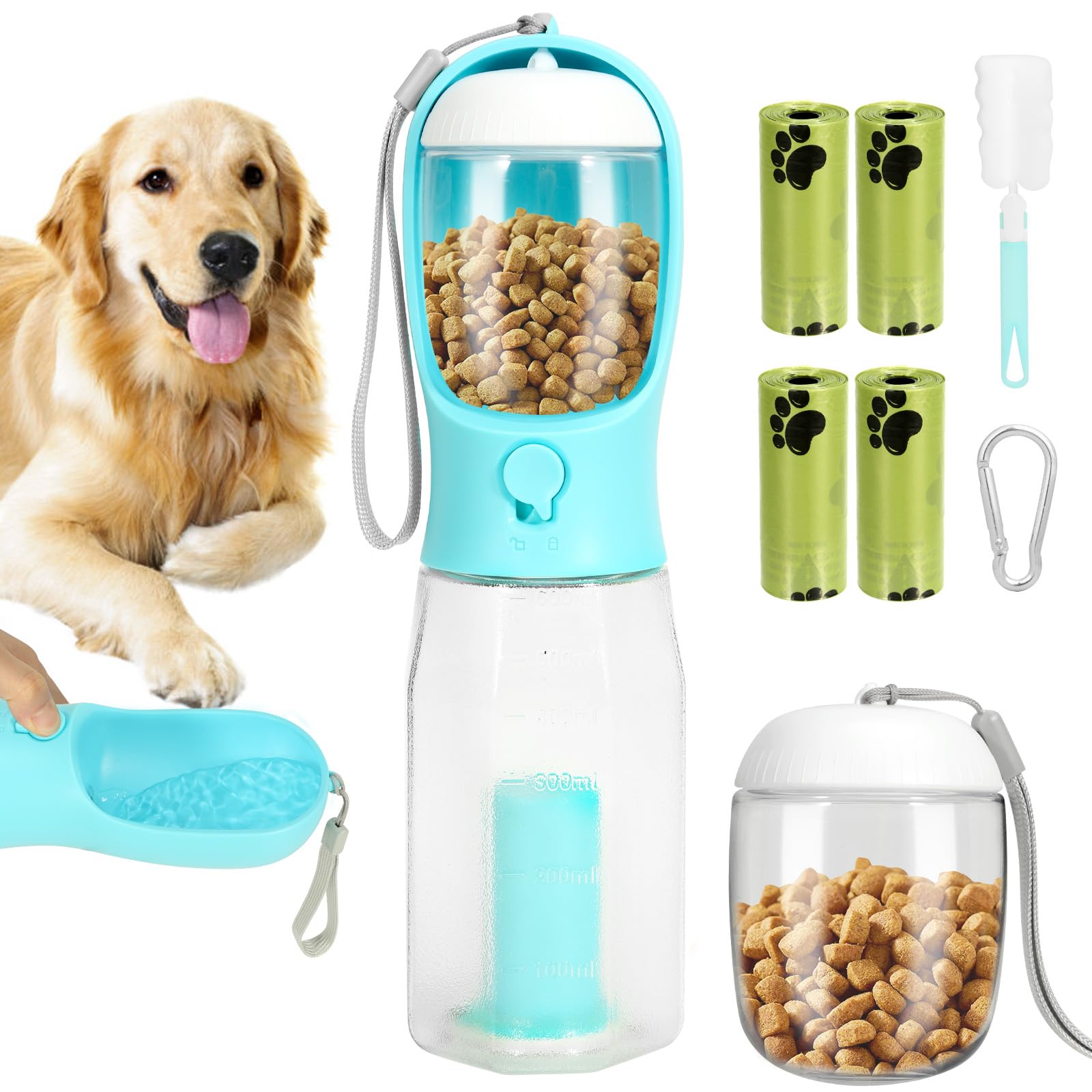 Botella de agua para perros de 600 ml para viajes con recipiente de comida de 100 g y 4 bolsas para excrementos de perros, a prueba de fugas, botella de agua para perros pequeños y gatos (azul)