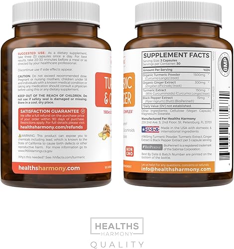 Miniatura 7 de Suplemento de cúrcuma y jengibre (sin OGM), porción de 1980 mg – Curcumina de cúrcuma con bioperina de pimienta negra, extracto de jengibre y 95%