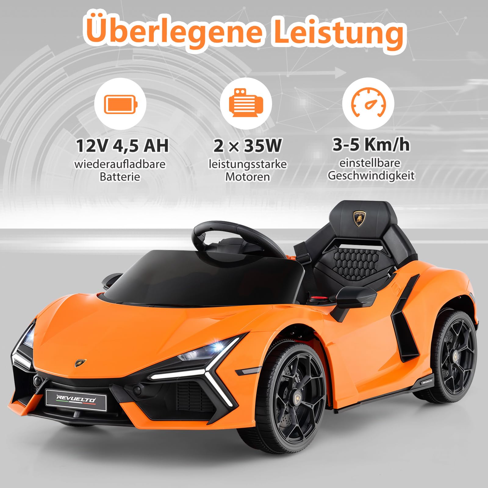 COSTWAY Samochód elektryczny dla dzieci Lamborghini Revuelto, elektryczny samochód dla dzieci 12 V z reflektorami LED, klaksonem i muzyką, 3-5 km/h, w zestawie pilot zdalnego sterowania (pomarańczowy)