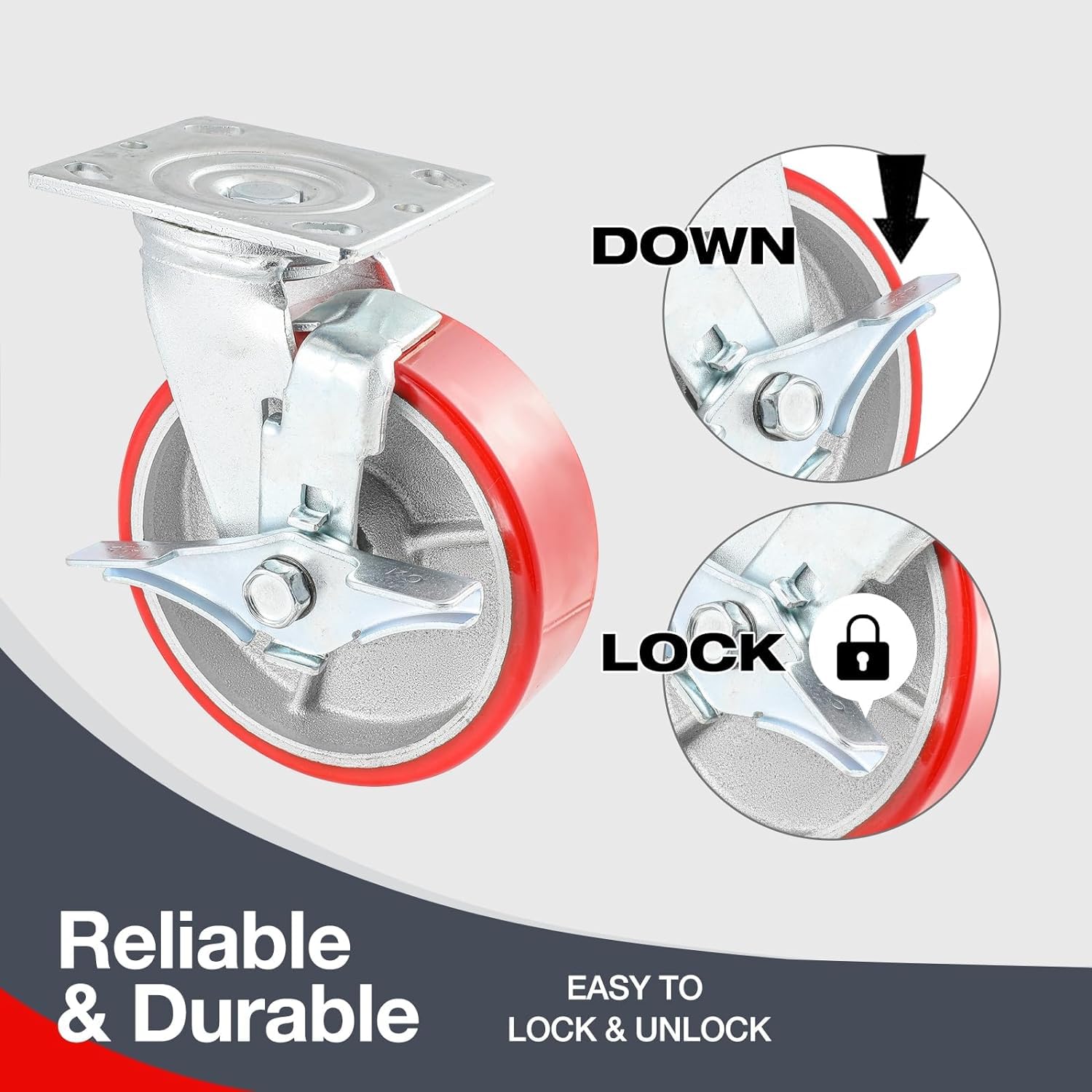 KATUNA Industrial Casters 3x2 Inch Heavy Duty Wheels – Polyurethane On Aluminum, Set Of 4, 2800 Lb Capacity, With Brake - View #9