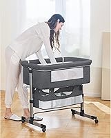 Vista 5 de Ihoming Moisés para bebé, cuna lateral con cesta de almacenamiento, cuna plegable fácil, cama ajustable para bebé recién nacido, gris
