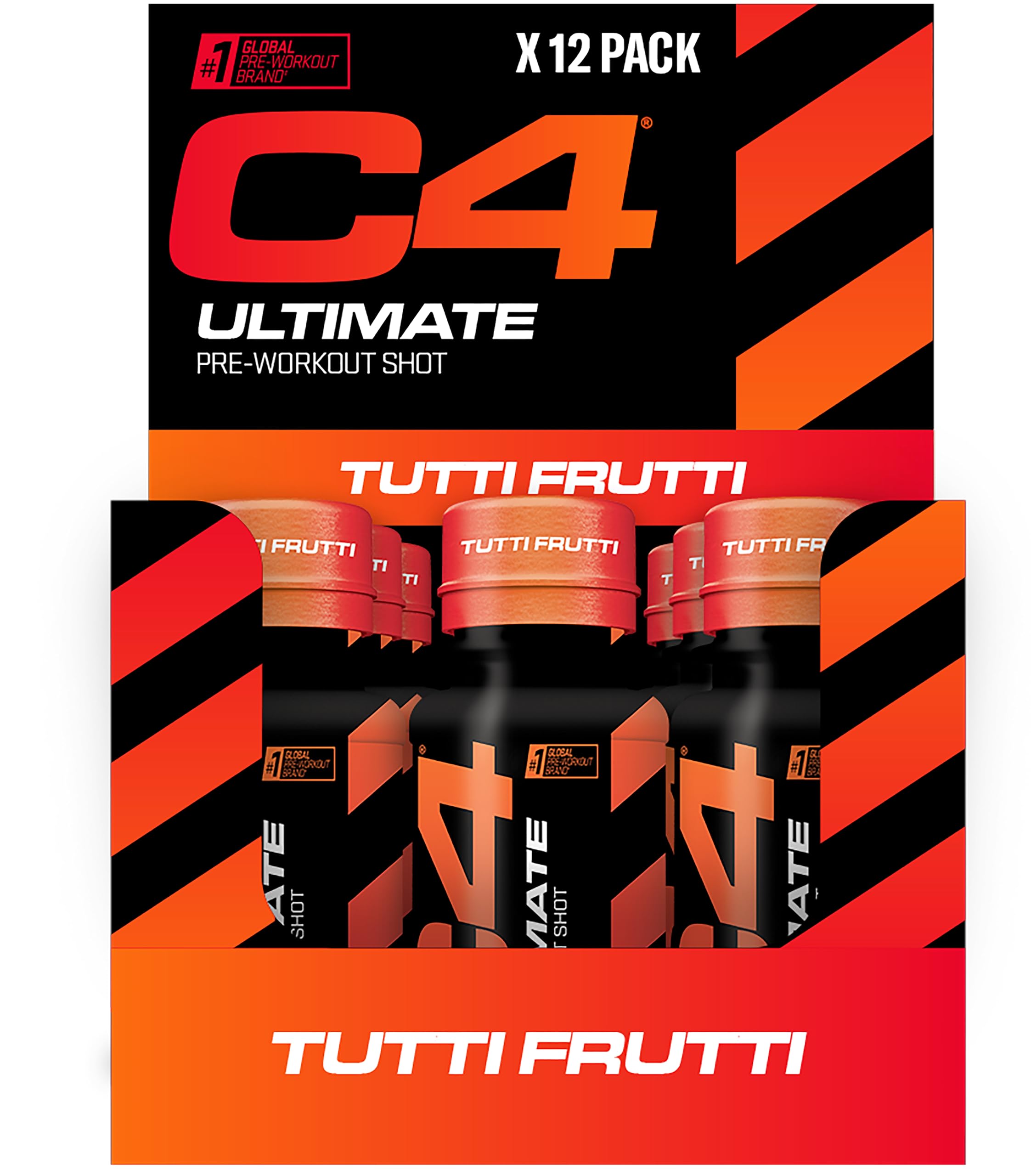 C4 Ultimate Pre-Training Shot | Tutti Frutti Flavour Energy Shots, 12 flaconi da 60 ml, senza zucchero, con 200 mg di caffeina, 2000 mg L-citrullina, 2000 mg beta alanina, 800 mg betaina