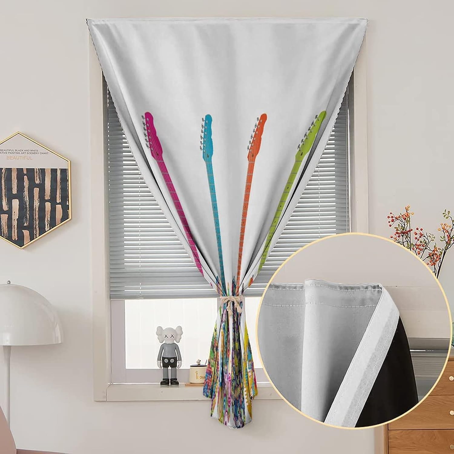 Self Adhesive Portable Blackout Curtains, Popstar Party Room Darkening Curtains, Electric Guitars Design Colorful Flowers Stars Circles Abstract Print Temporary Blackout Blinds,47W x54L Inches,